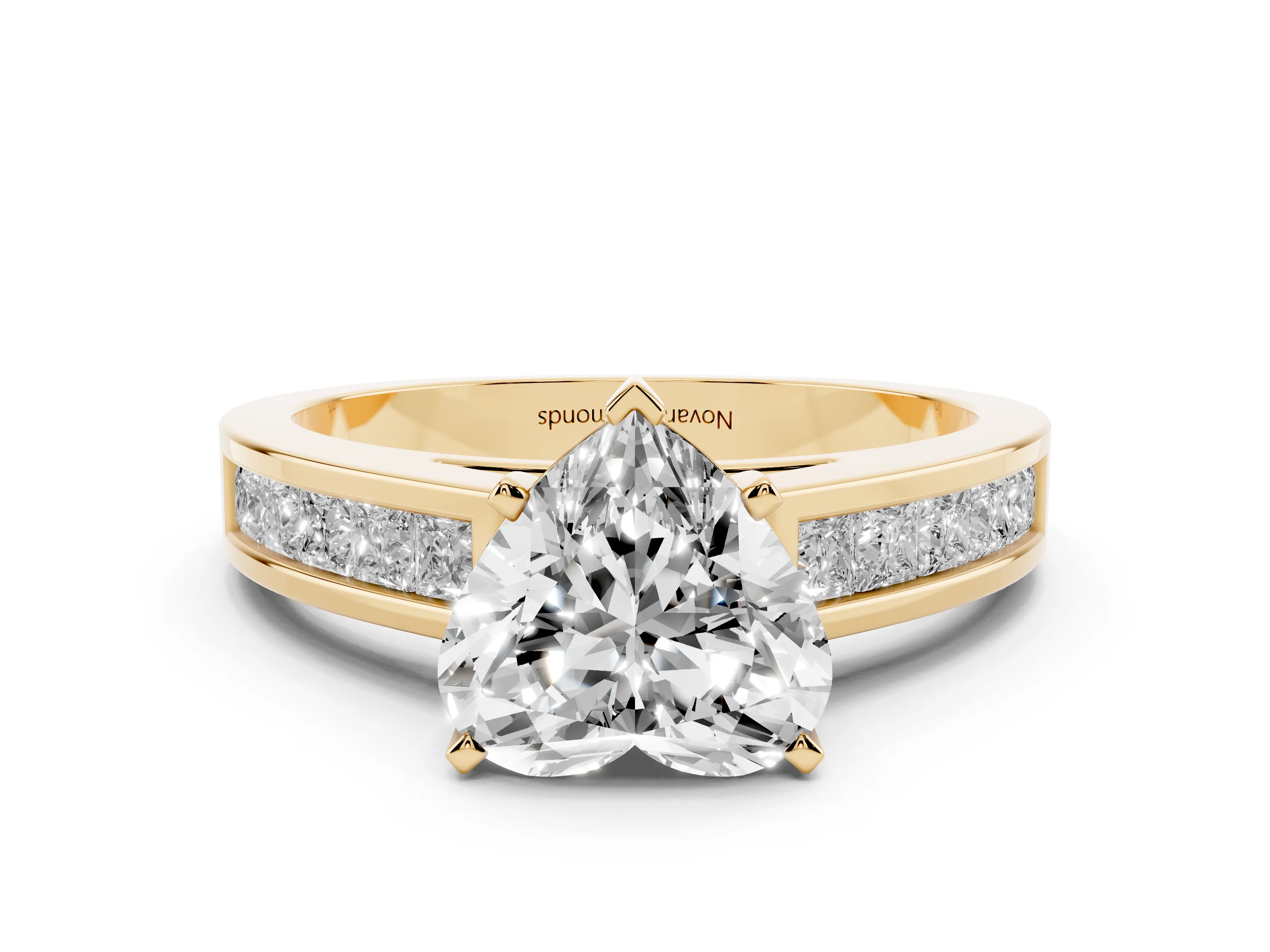 Heart Cut Diamond Solitaire Ring Set in Yellow gold with Channel-Set Band and Prong Setting