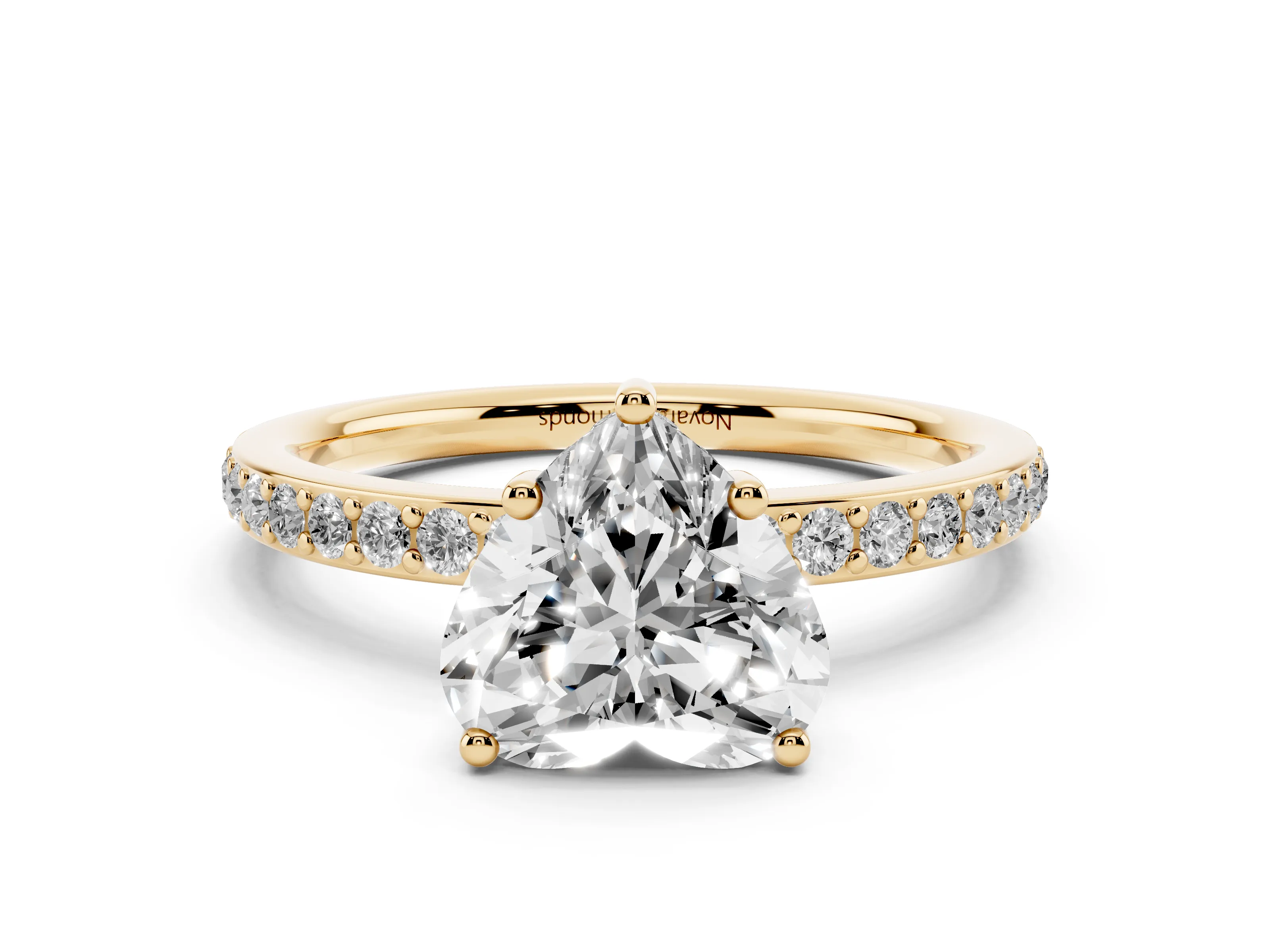 Heart Cut Diamond Pavé Band Ring Set in Yellow gold with Prong-Set Center Stone