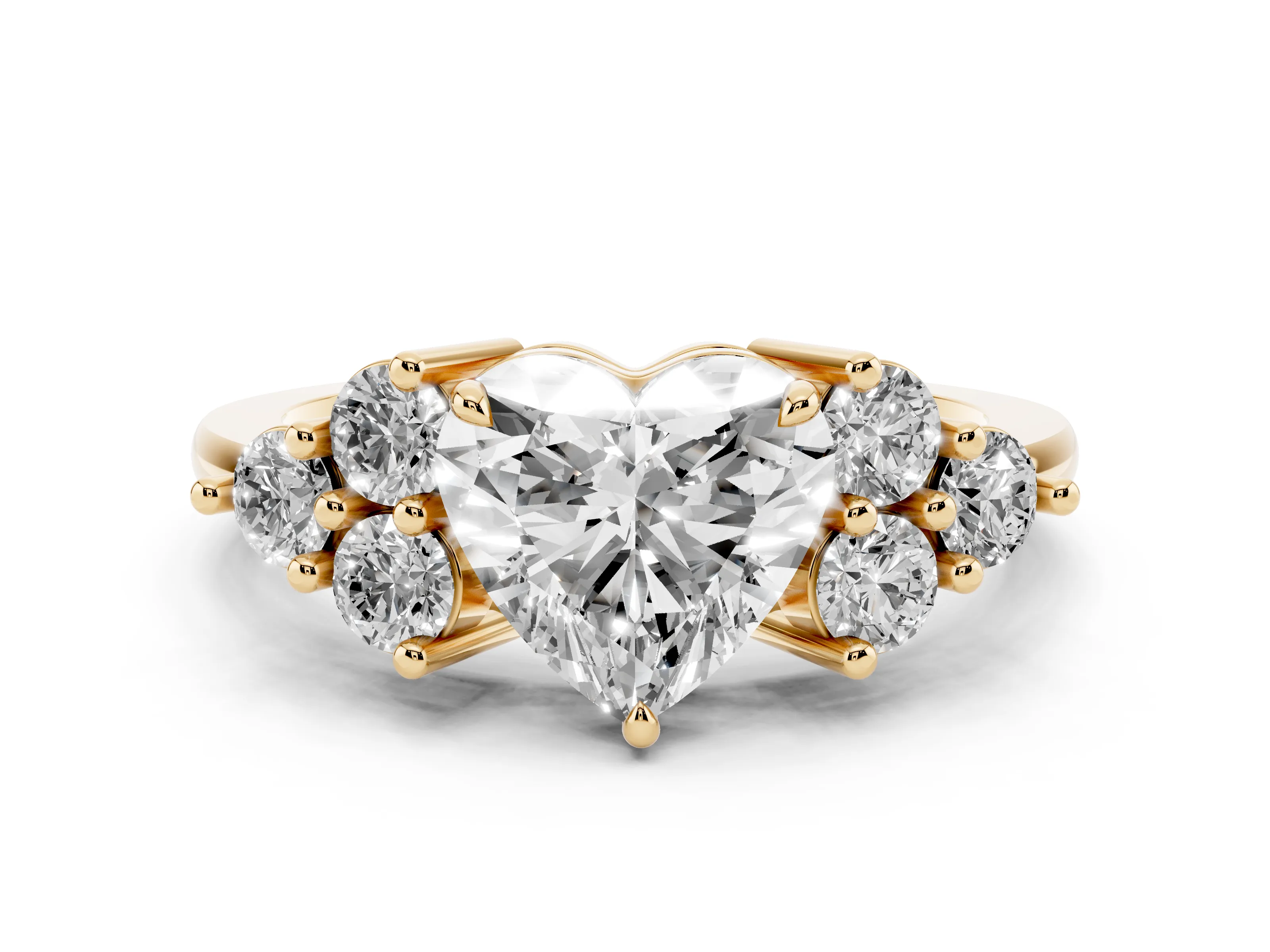 Heart Cut Diamond Solitaire Ring Set in Yellow gold with Cluster Accents on Each Side