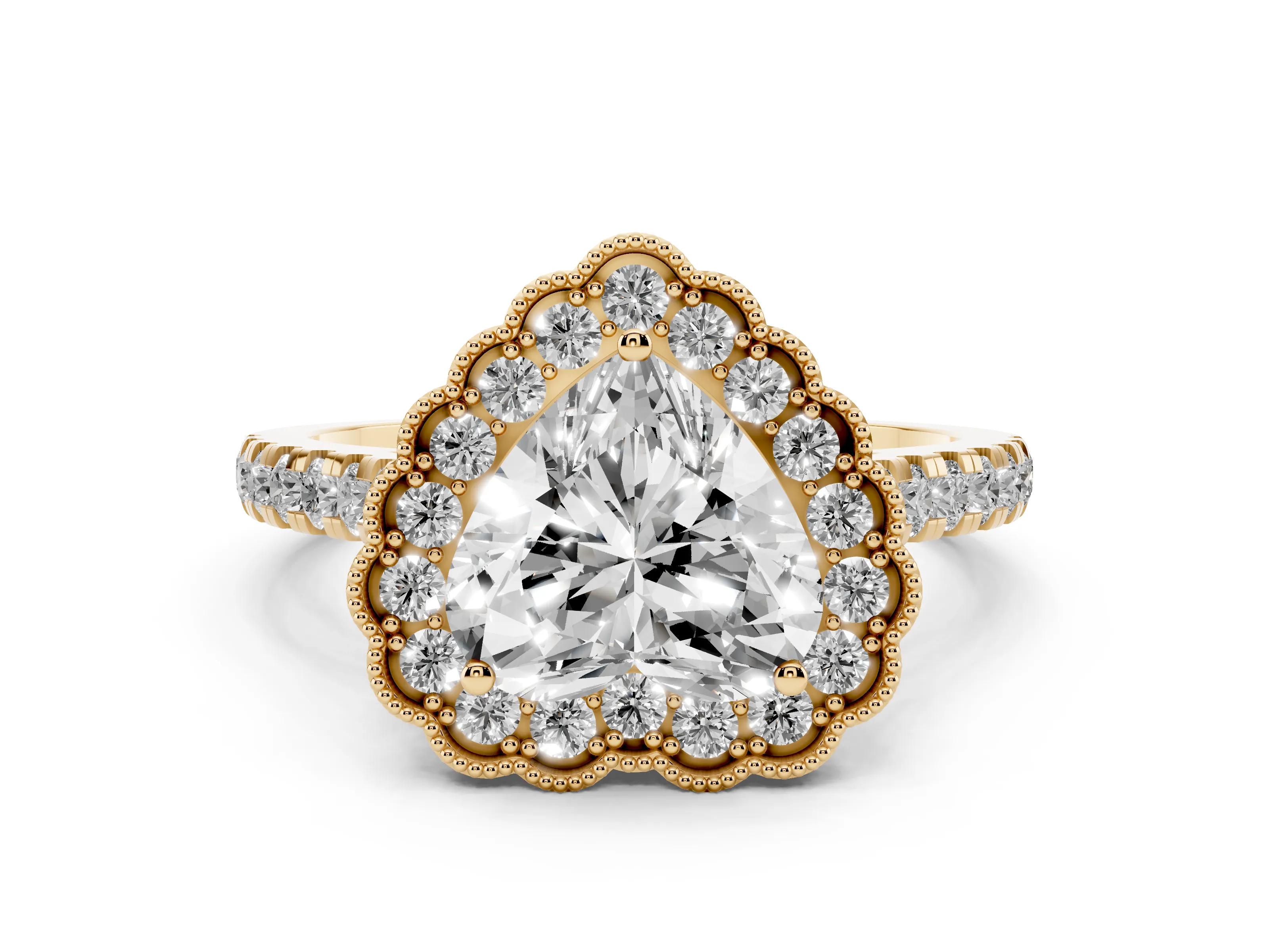 Heart Cut Diamond Milgrain Floral Halo Engagement Ring Set in Yellow gold with Pavé Band