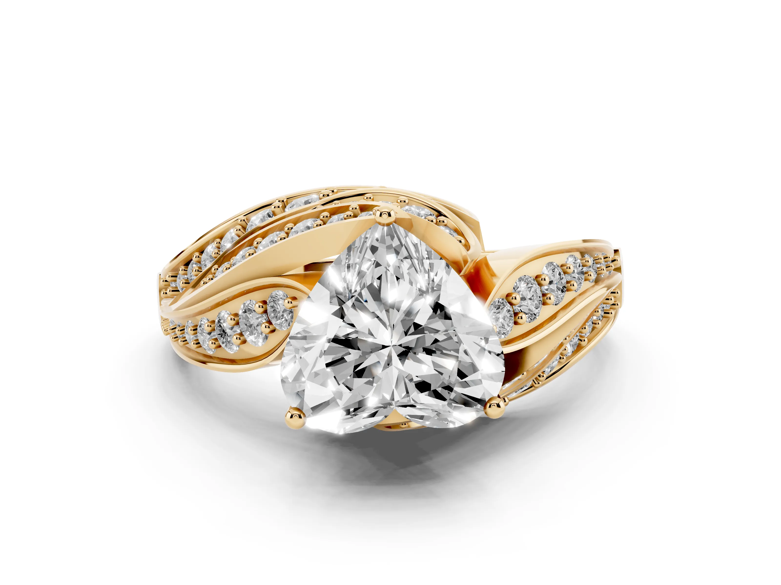 Heart Cut Diamond Solitaire Ring Set in Yellow gold with Layered Twist Pavé Band