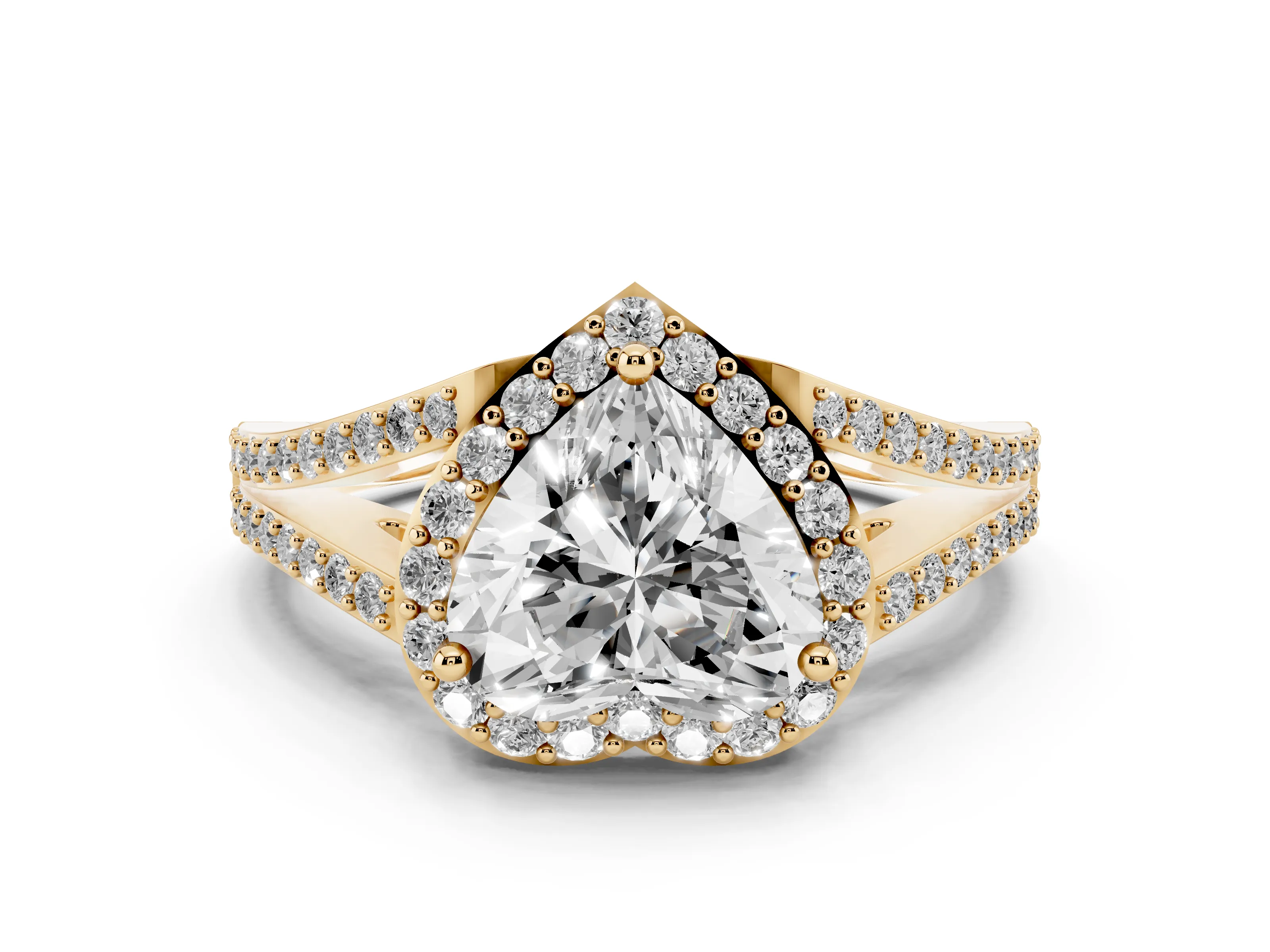 Heart Cut Diamond Halo Split Shank Pavé Ring Set in Yellow gold with Prong Setting