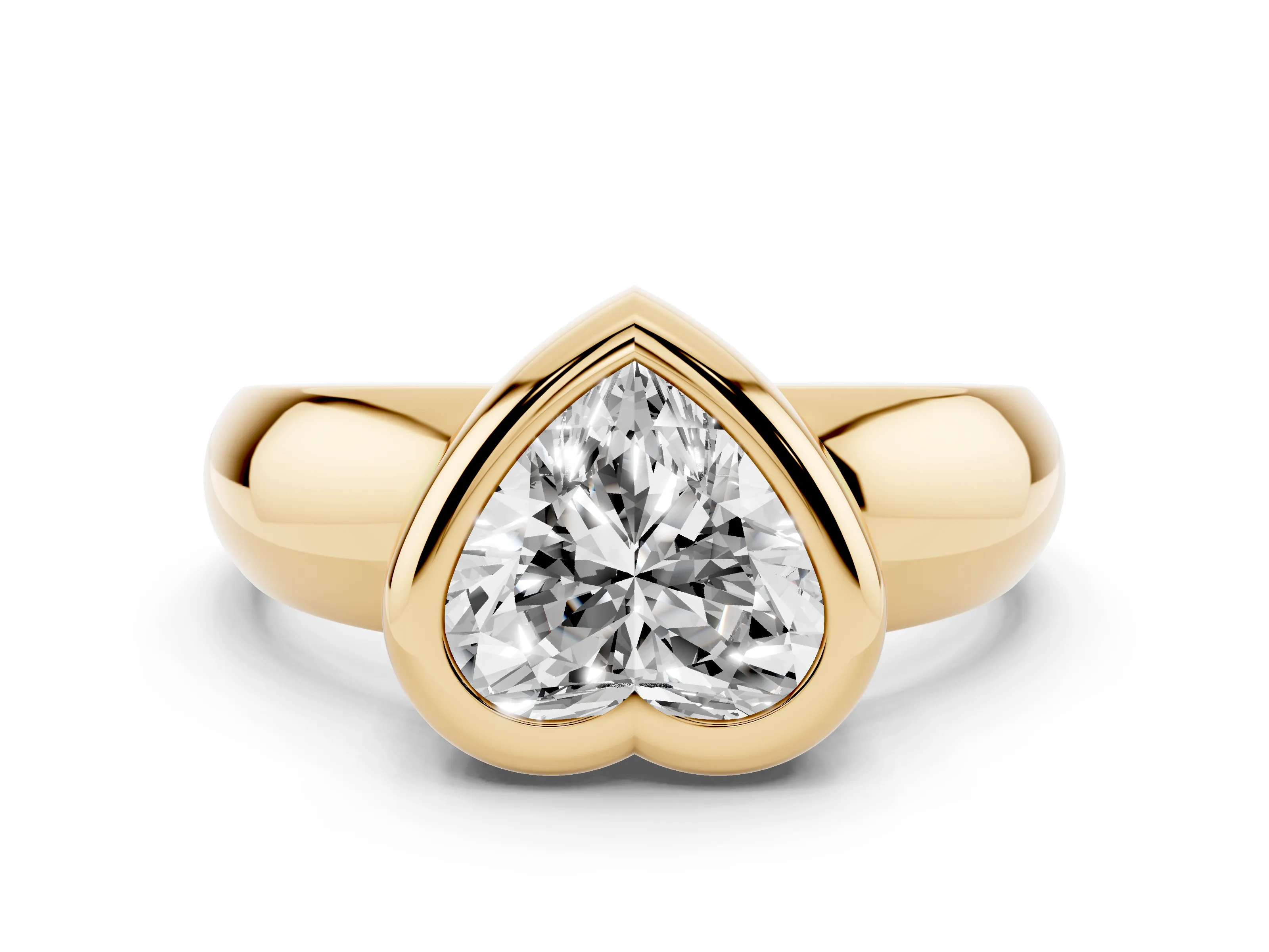 Bezel Set Heart Cut Diamond Solitaire Ring Set in Yellow gold with Wide Band