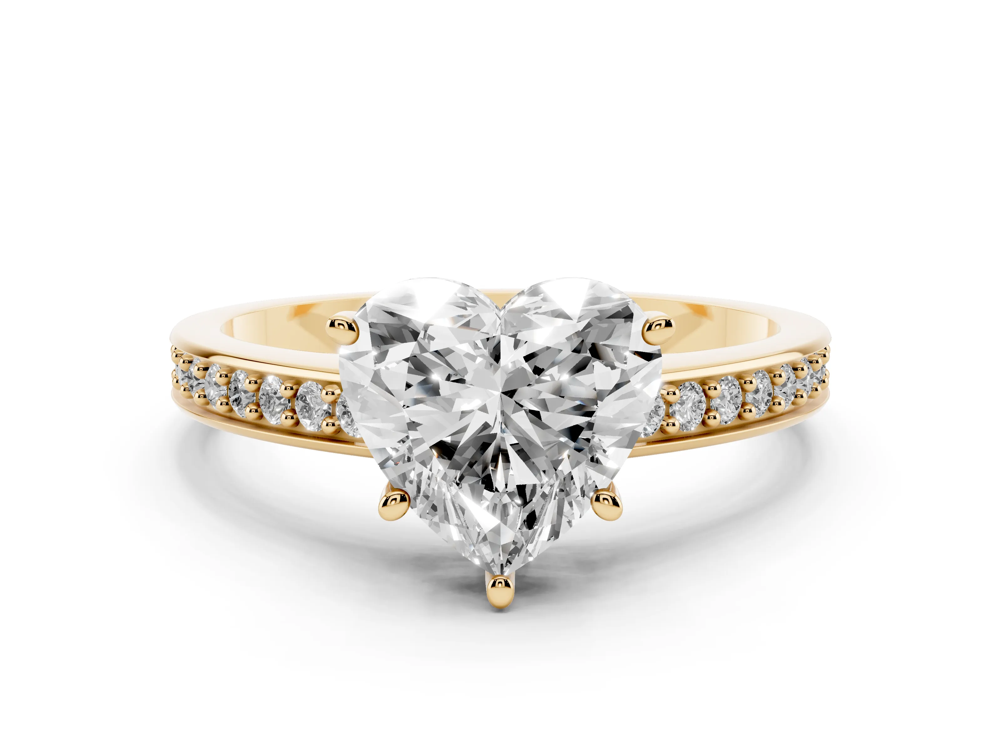 Heart Cut Diamond Pavé Band Prong Set Solitaire Ring Set in Yellow gold