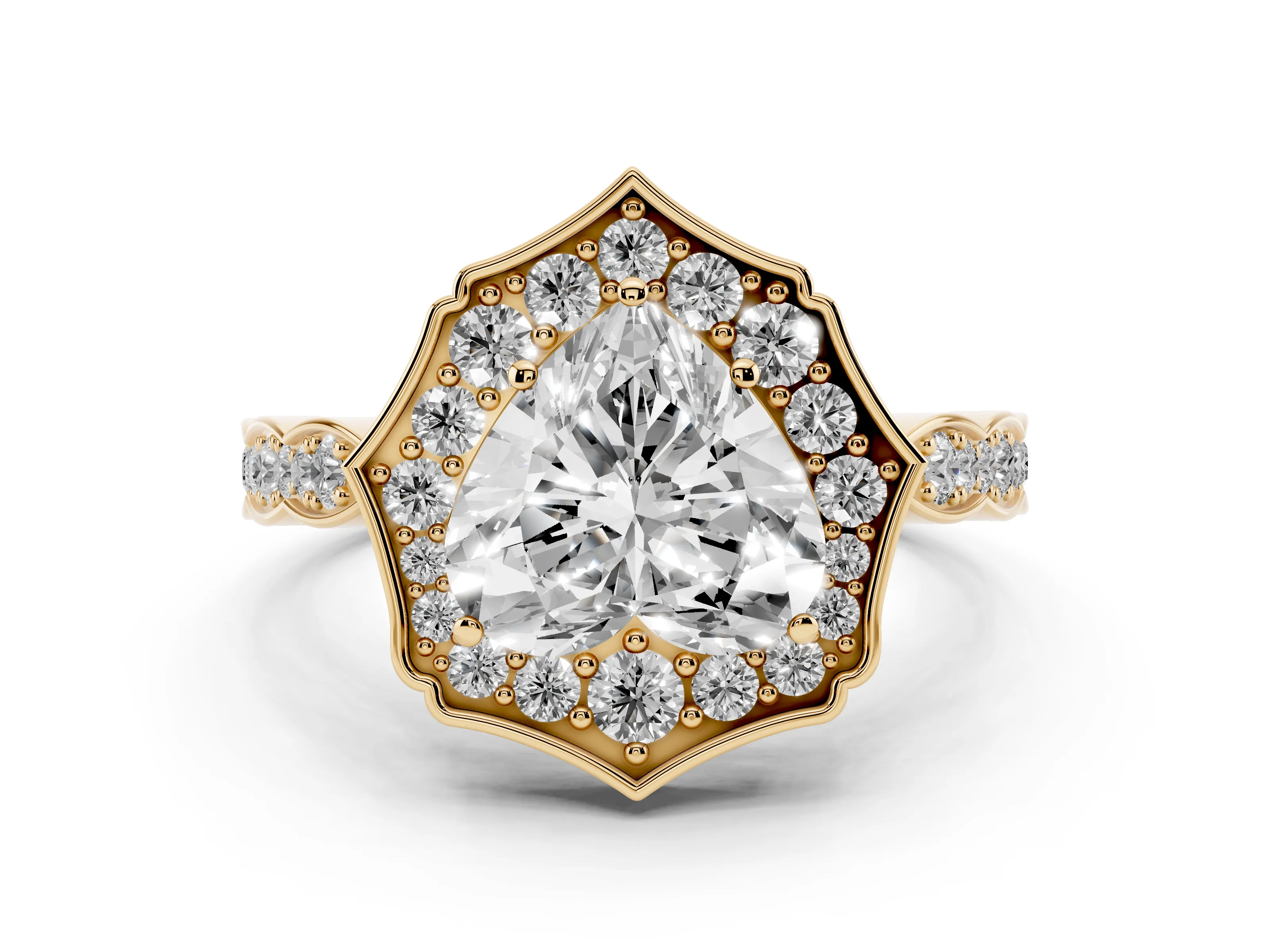 Heart Cut Diamond Halo Engagement Ring Set in Yellow gold with Milgrain Band and Prong Setting