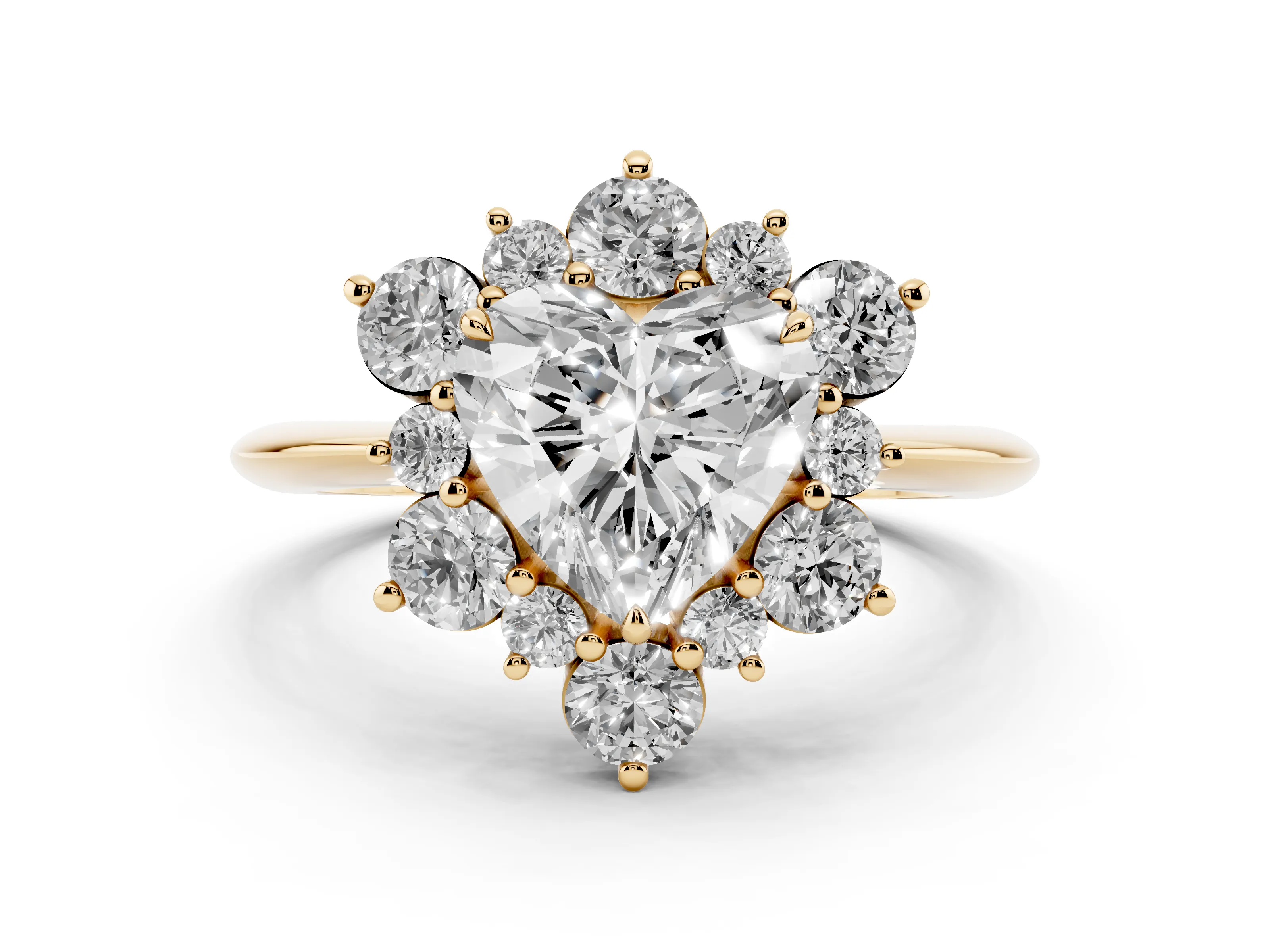 Heart Cut Diamond Cluster Halo Ring Set in Yellow gold with Solitaire Band and Prong Setting