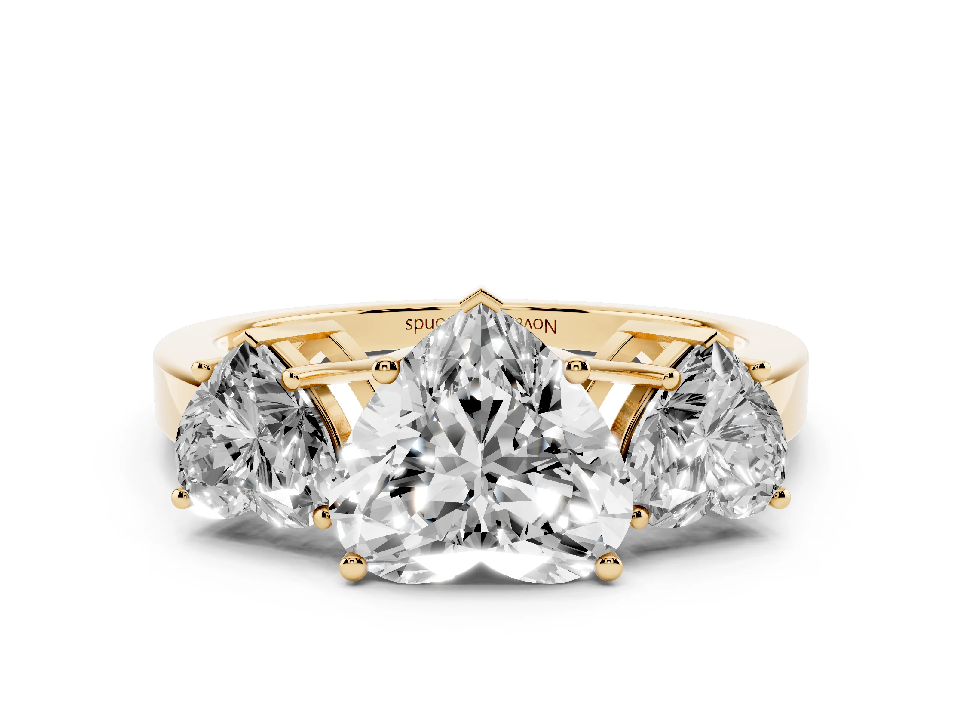 Heart Cut Diamond Three-Stone Engagement Ring Set in Yellow gold with Flat Band
