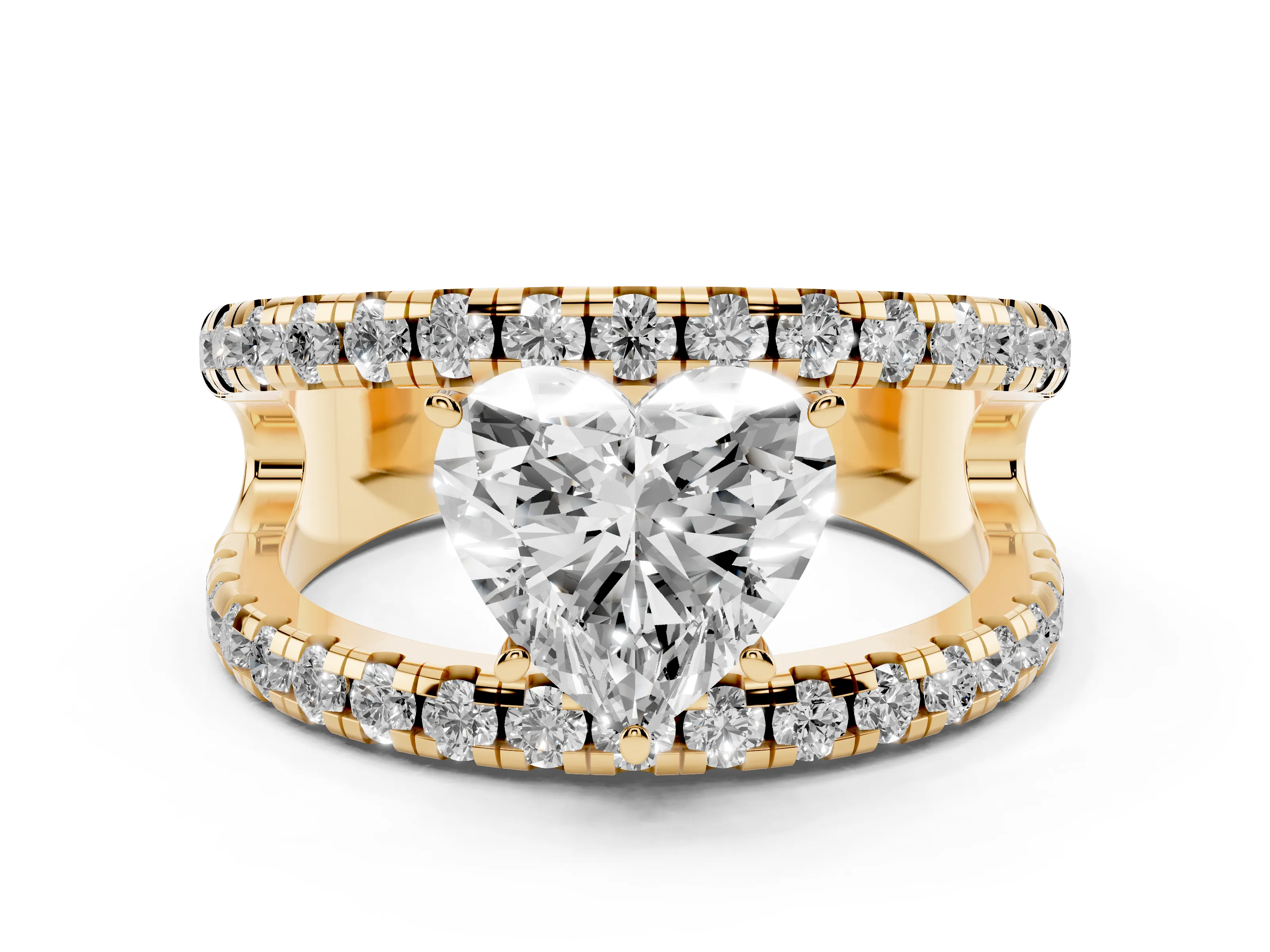 Heart Cut Diamond Split Shank Pavé Solitaire Ring Set in Yellow gold with Open Shank Design