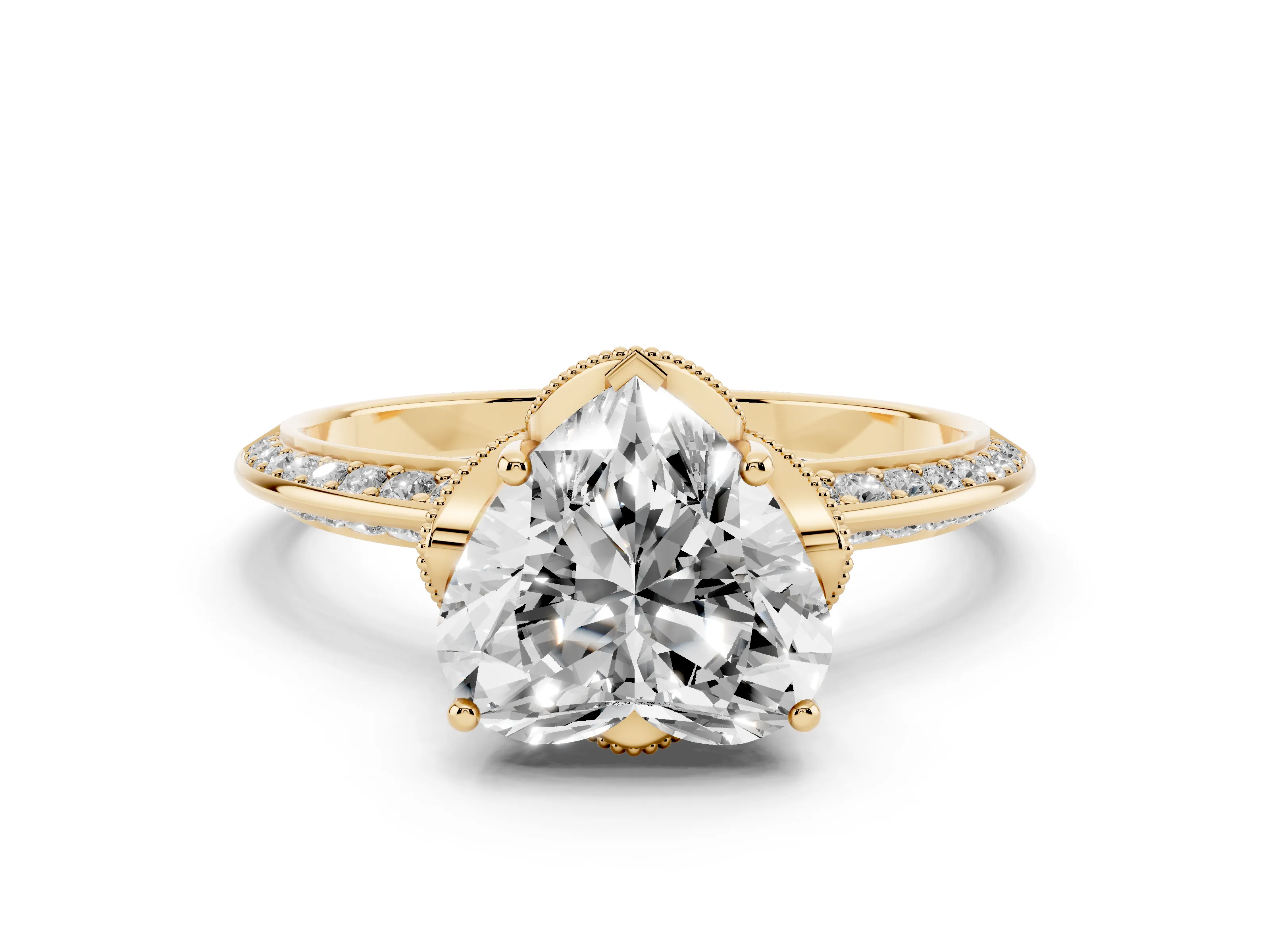 Heart Cut Diamond Solitaire Engagement Ring Set in Yellow gold with Pavé Split Shank and Prong Setting
