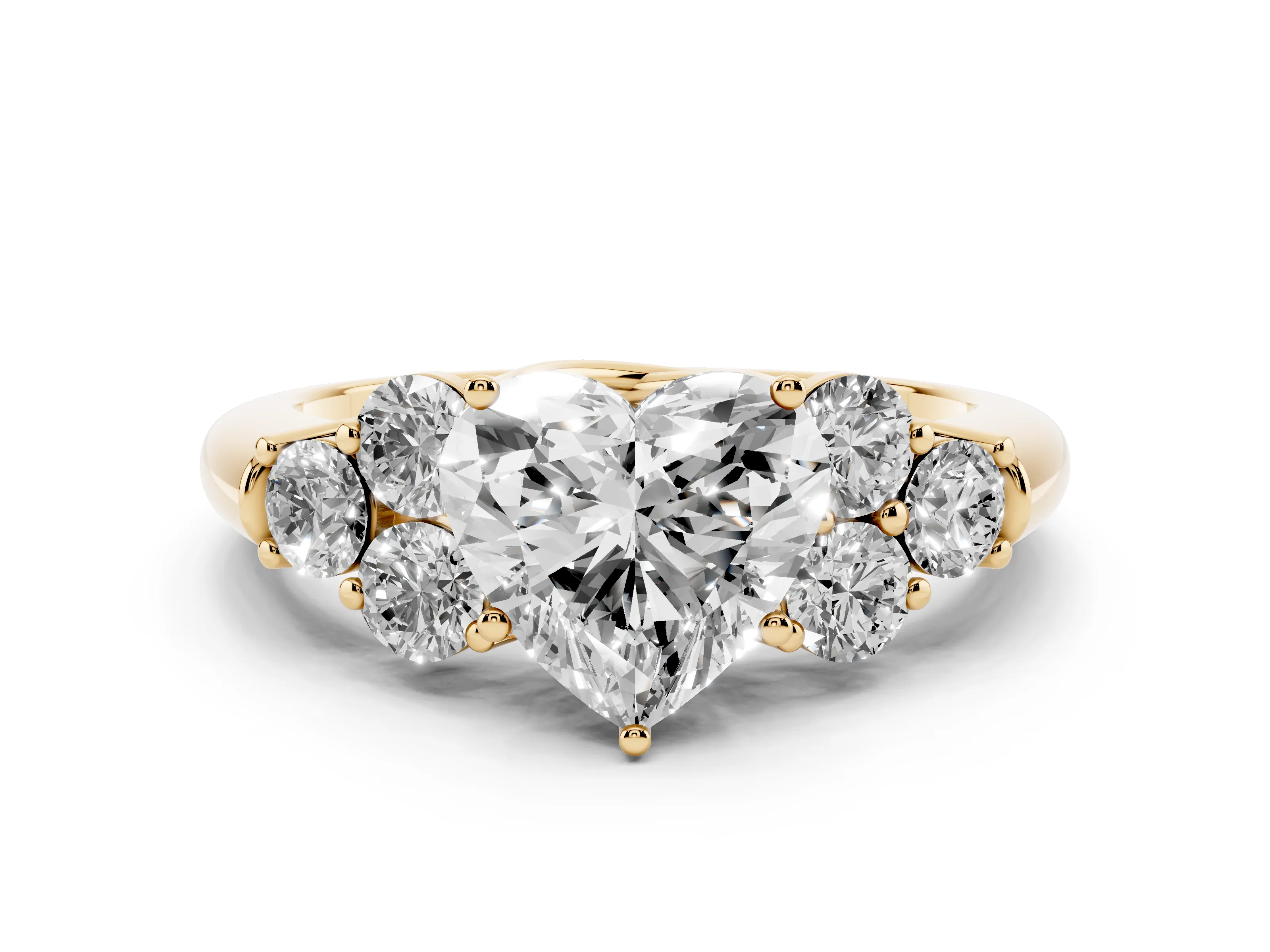 Heart Cut Diamond Cluster Ring Set in Yellow gold with Round Accent Stones and Prong Setting on a Plain Band