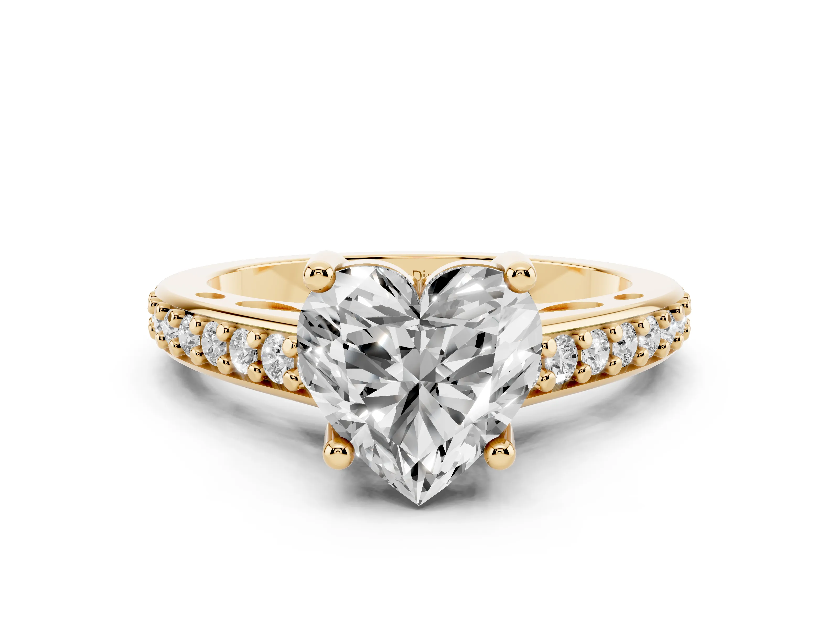 Heart Cut Diamond Prong Set Solitaire Engagement Ring Set in Yellow gold with Pavé Band
