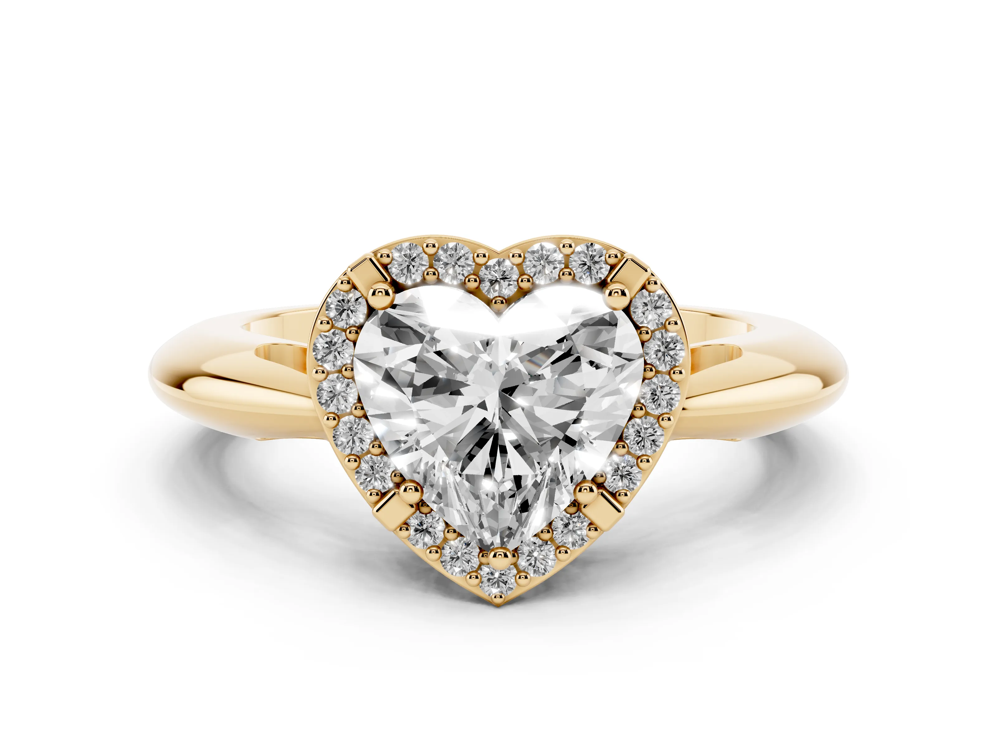 Heart Cut Diamond Halo Engagement Ring Set in Yellow gold with Plain Split Shank and Prong Setting