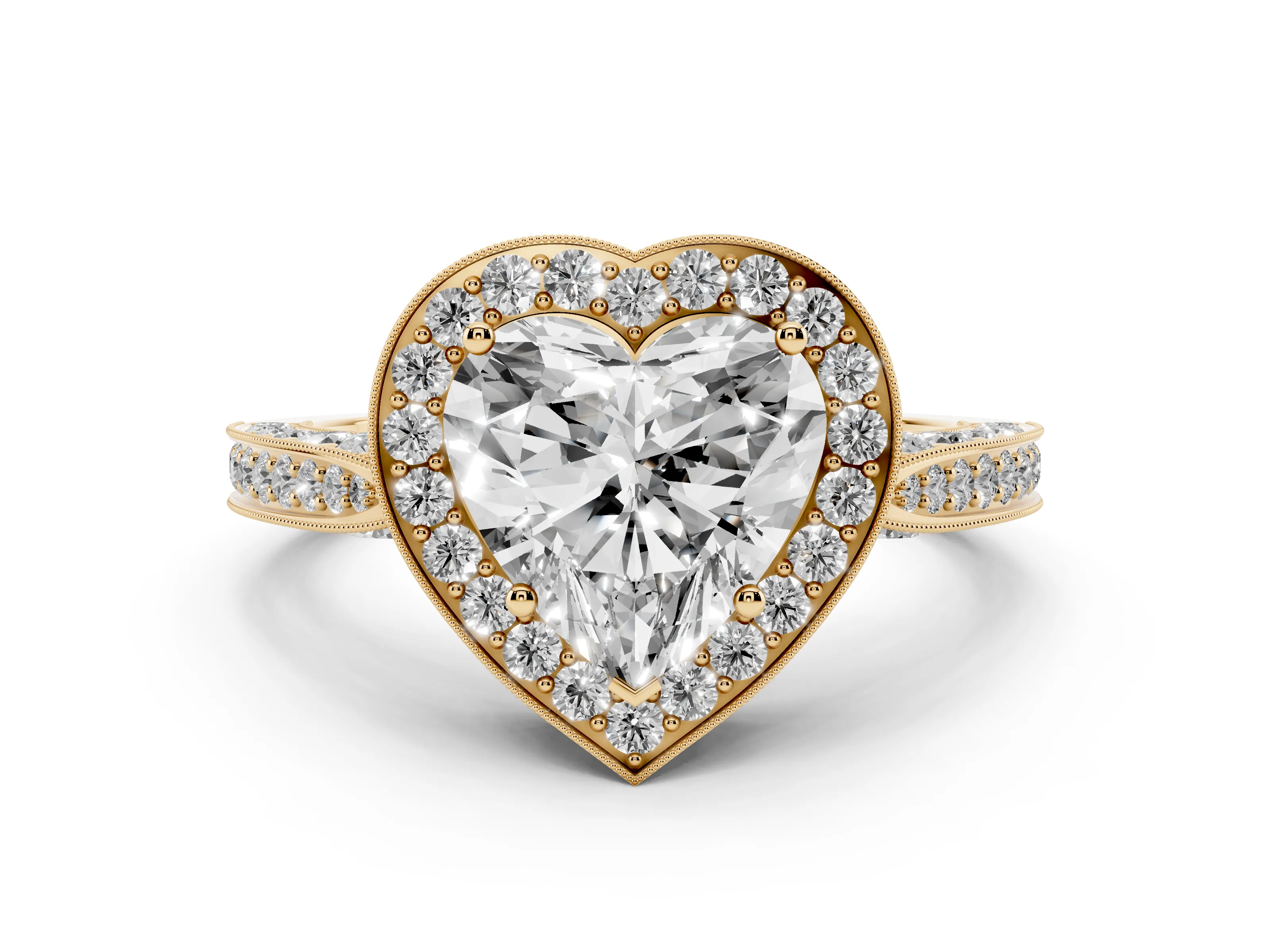 Heart Cut Diamond Halo Engagement Ring Set in Yellow gold with Accent Split Shank Band