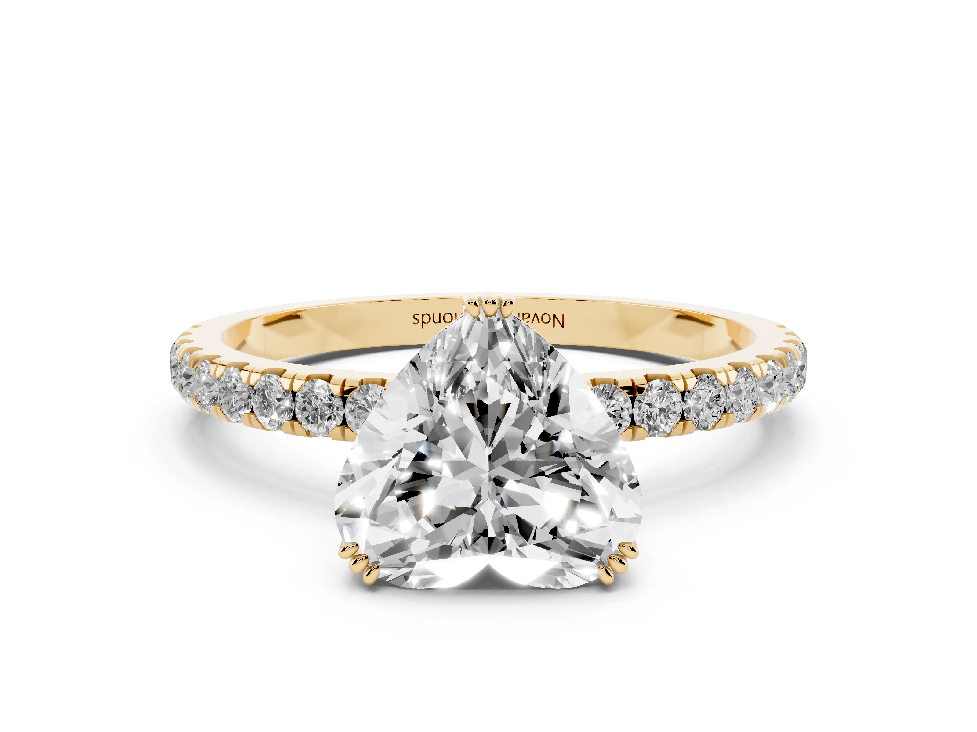 Heart Cut Diamond Brilliant Solitaire Set in Yellow gold with Pavé Band and Claw Prong Setting