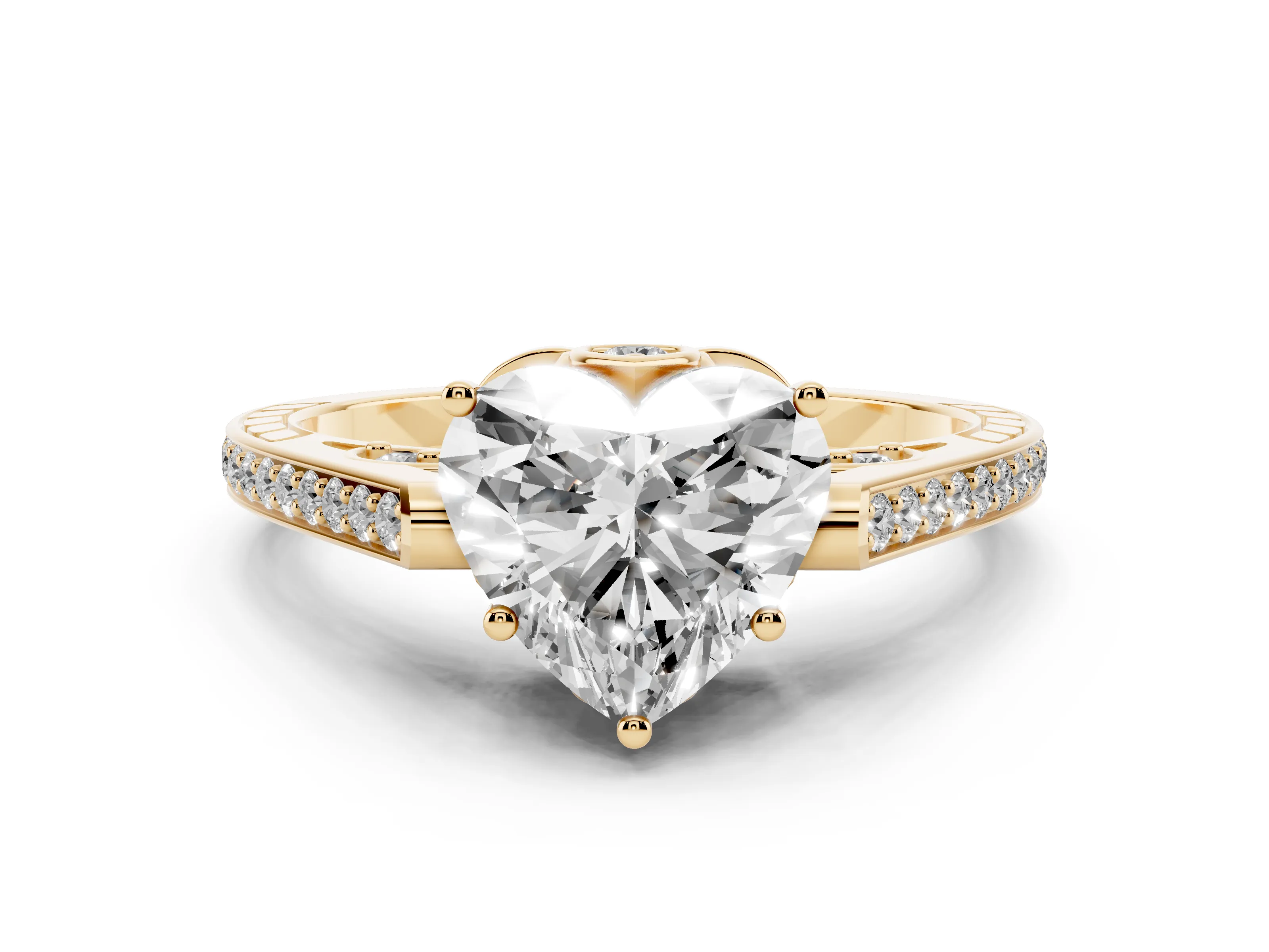 Heart Cut Diamond Cathedral Pavé Engagement Ring Set in Yellow gold with Prong Setting