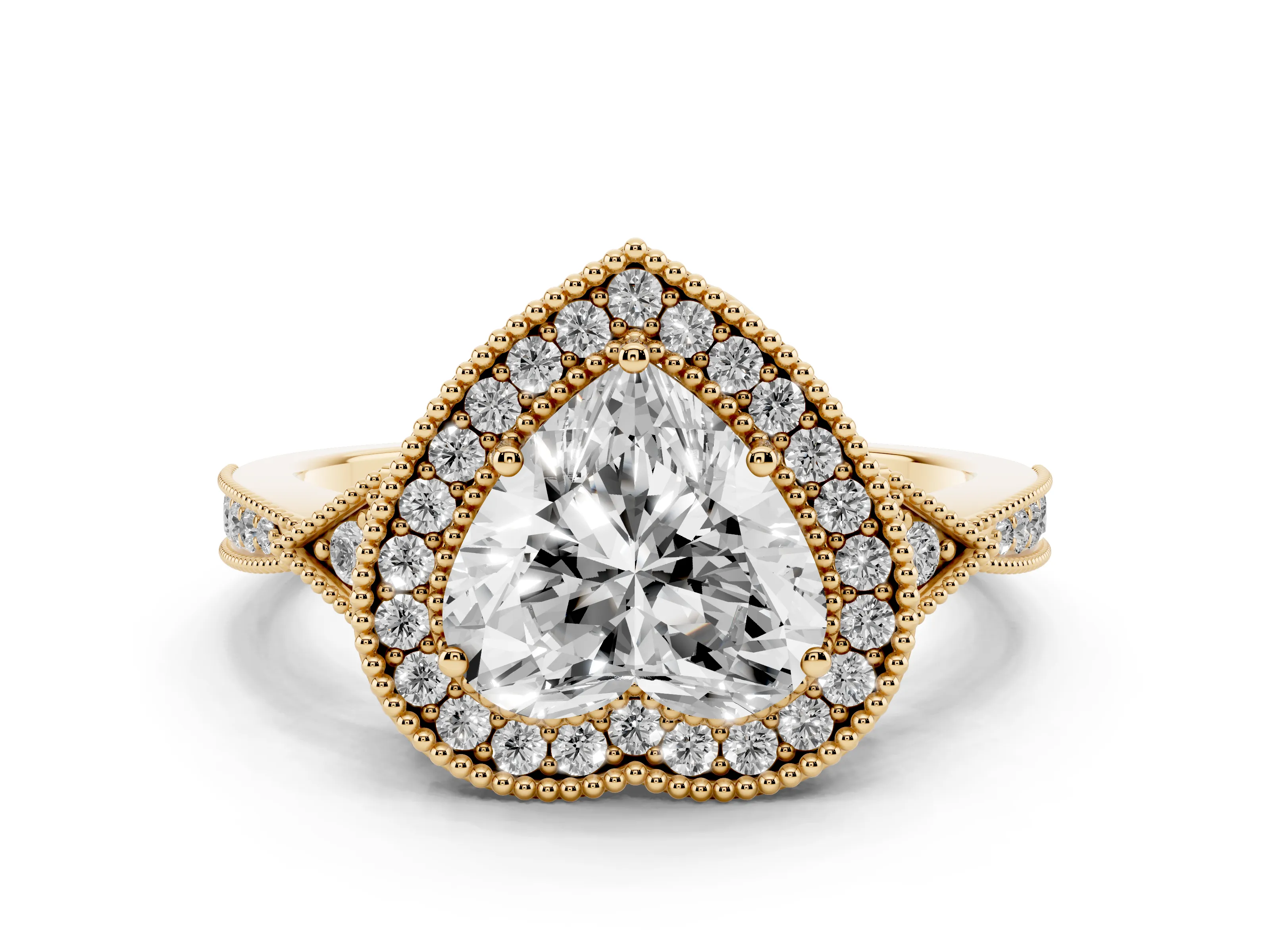 Heart Cut Diamond Halo Engagement Ring Set in Yellow gold with Milgrain Pavé Band