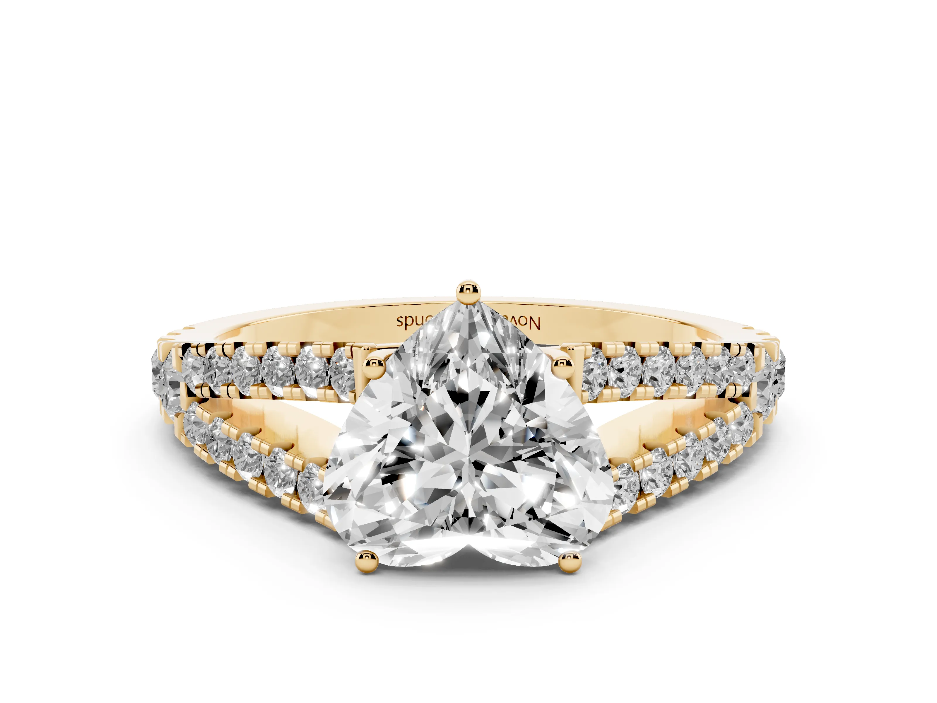 Heart Cut Diamond Split Shank Pavé Engagement Ring Set in Yellow gold with Prong-Held Center Stone
