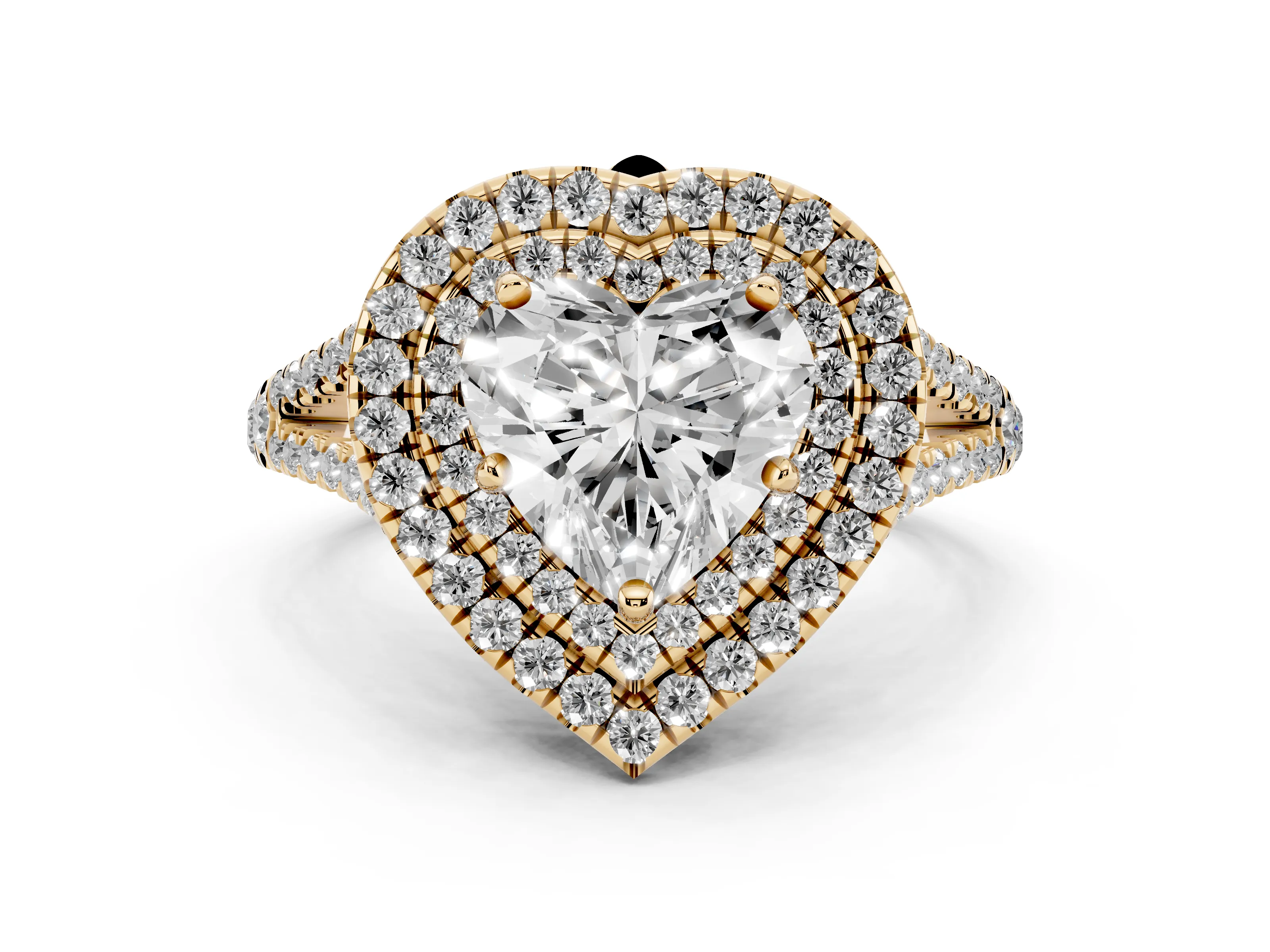 Heart Cut Diamond Double Halo Ring Set in Yellow gold with Pavé Band