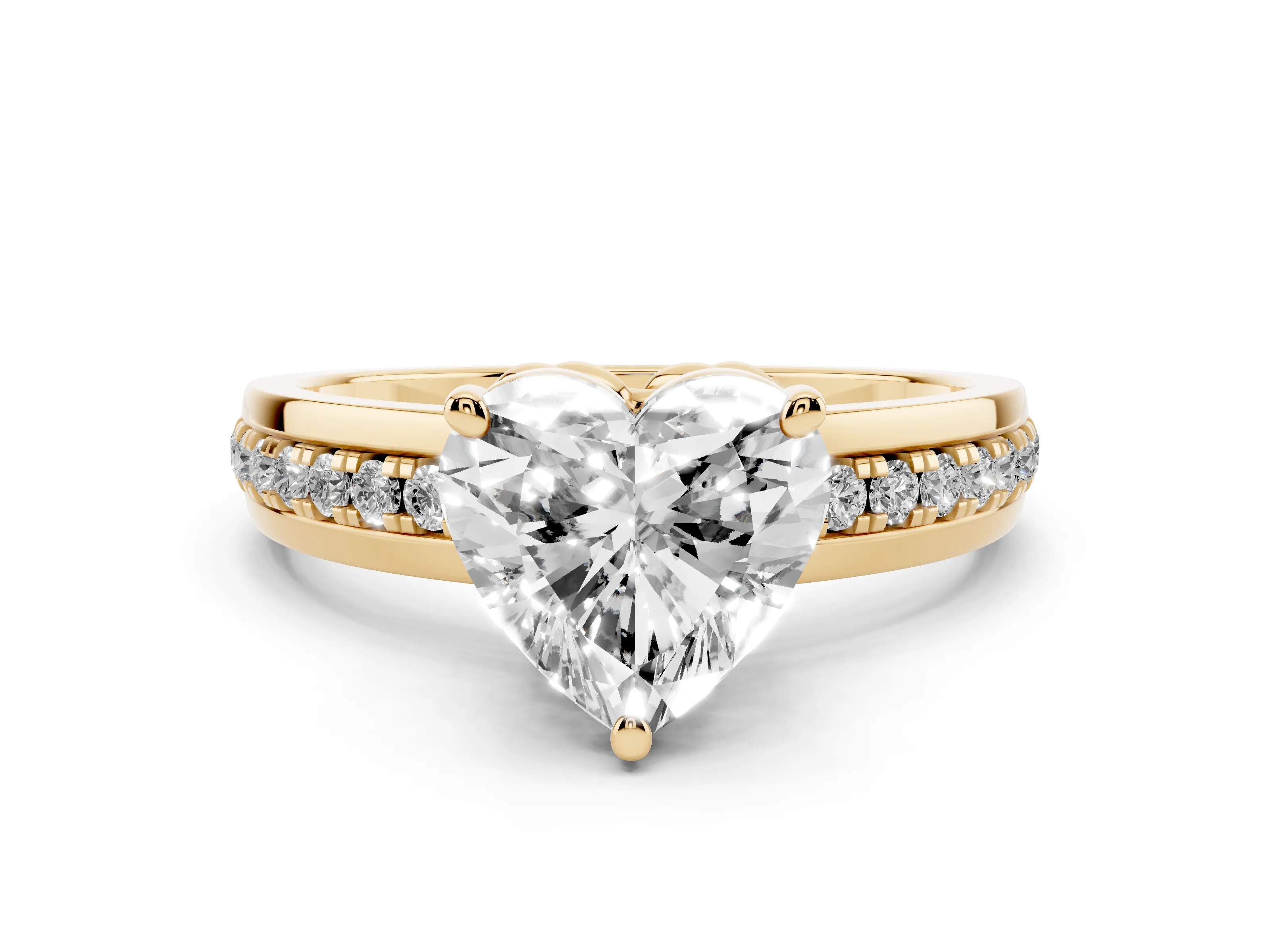 Heart Cut Diamond Solitaire Ring Set in Yellow gold with Channel Set Band and Prong Setting