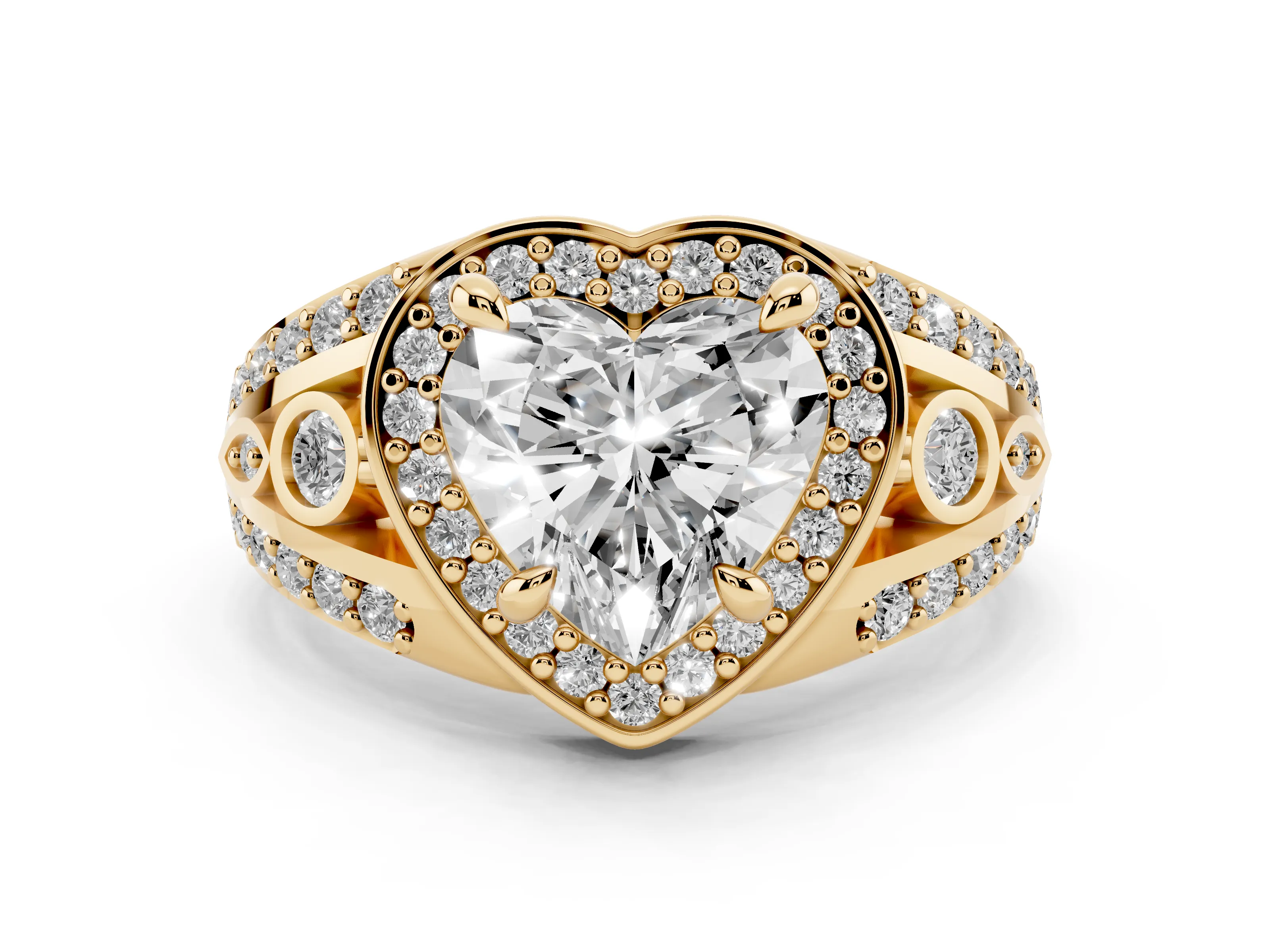 Heart Cut Diamond Halo Ring Set in Yellow gold with Pavé Split Shank and Bezel Accents