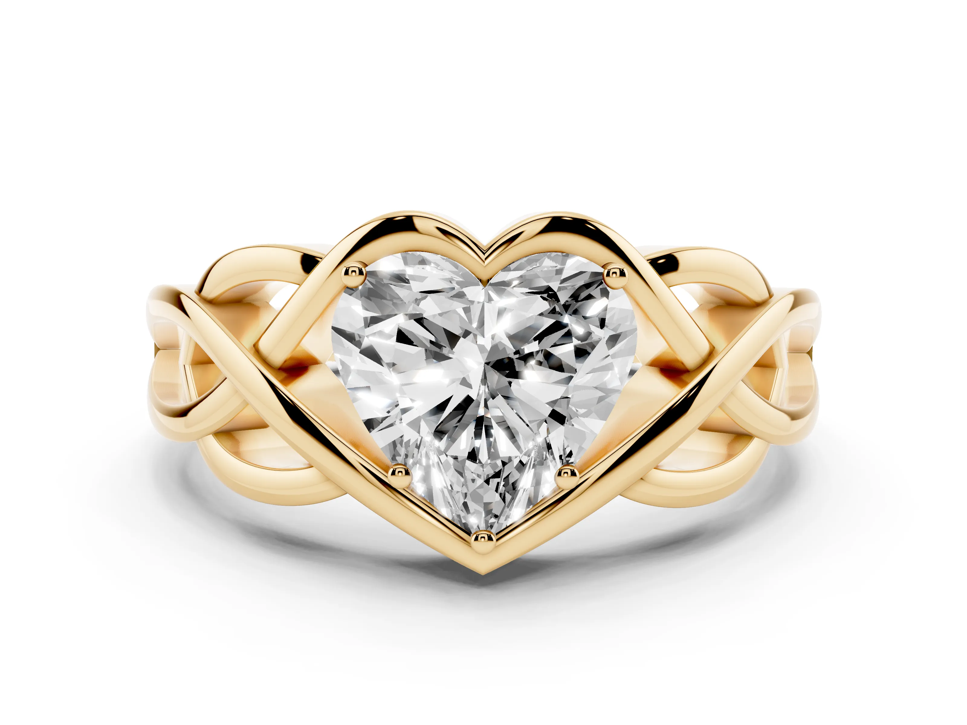 Heart Cut Diamond Solitaire Ring Set in Yellow gold with Intertwined Band