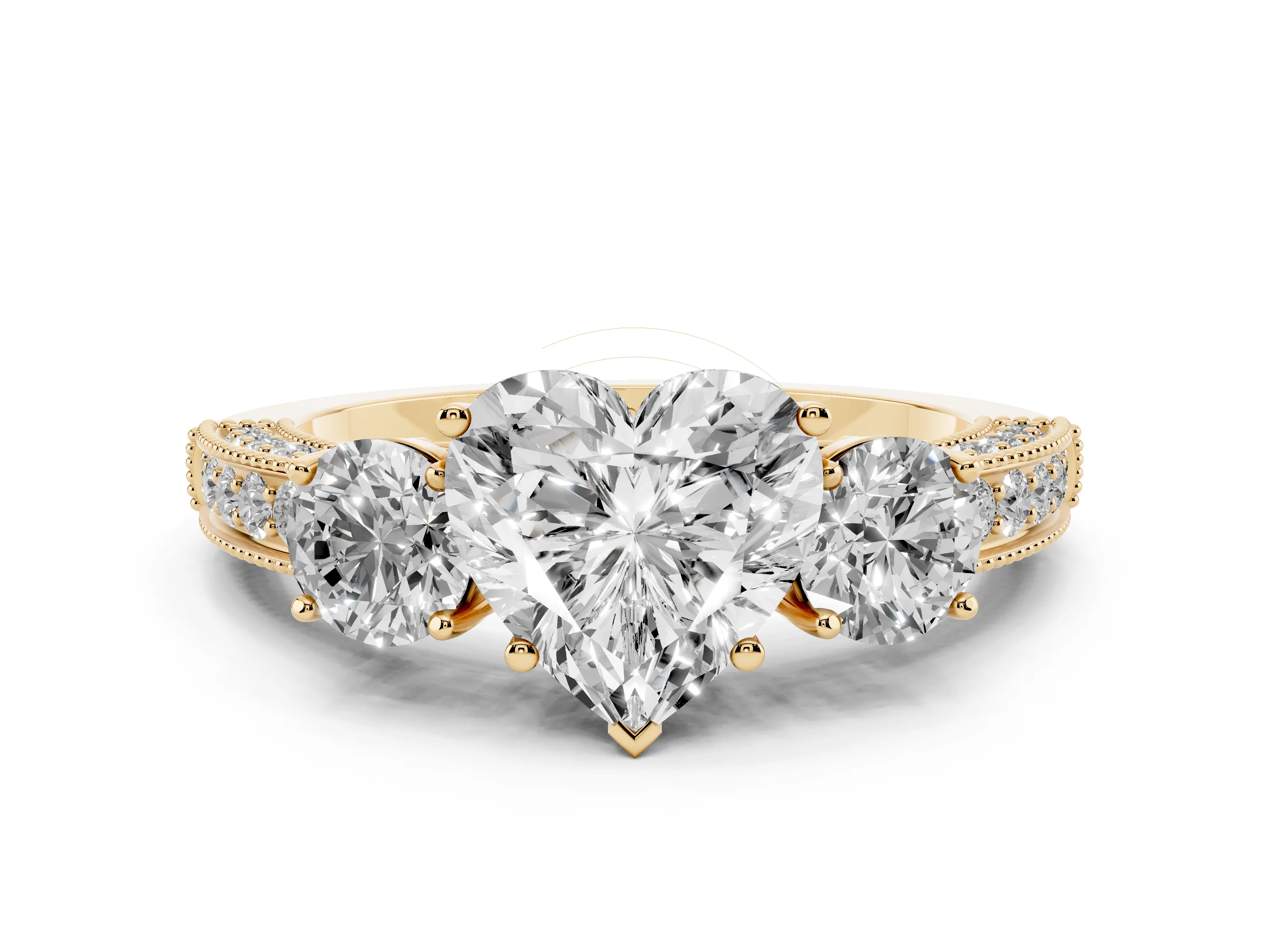 Heart Cut Diamond Three-Stone Ring Set in Yellow gold with Round Side Stones and Pavé Band