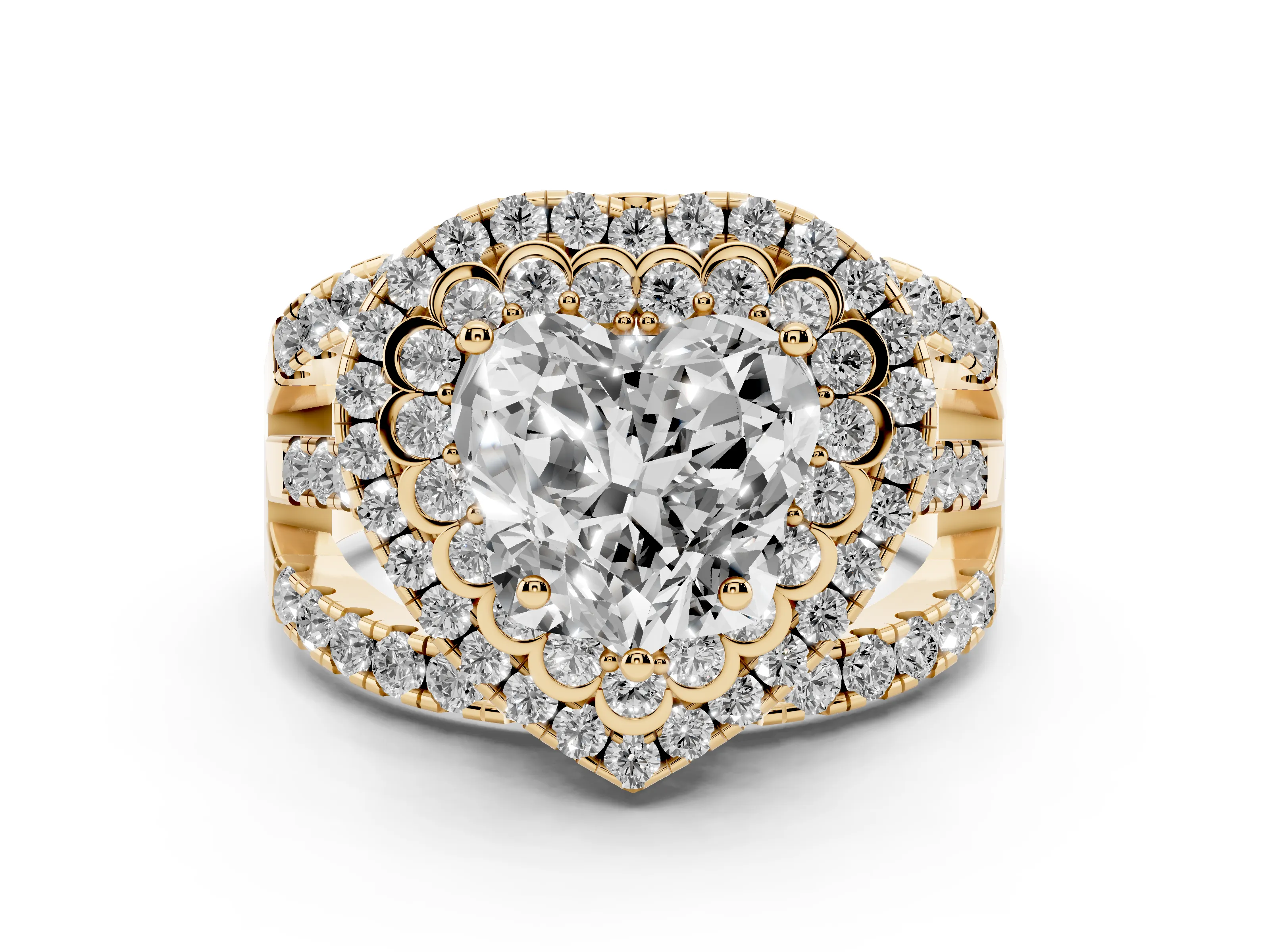Heart Cut Diamond Double Halo Ring Set in Yellow gold with Round Pavé Split Shank