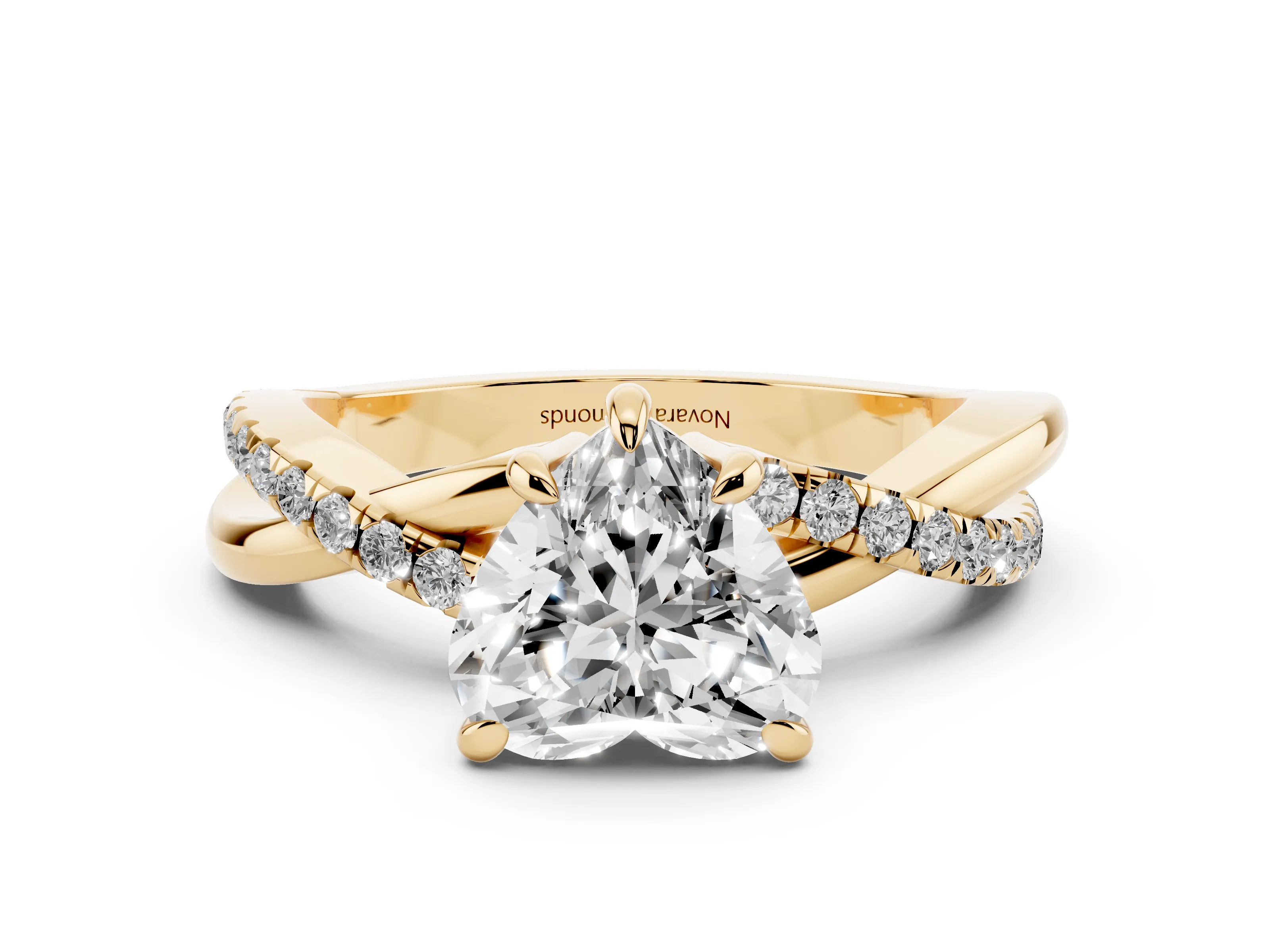 Heart Cut Diamond Twist Band Solitaire Set in Yellow gold with Pavé Accents and Prong Setting