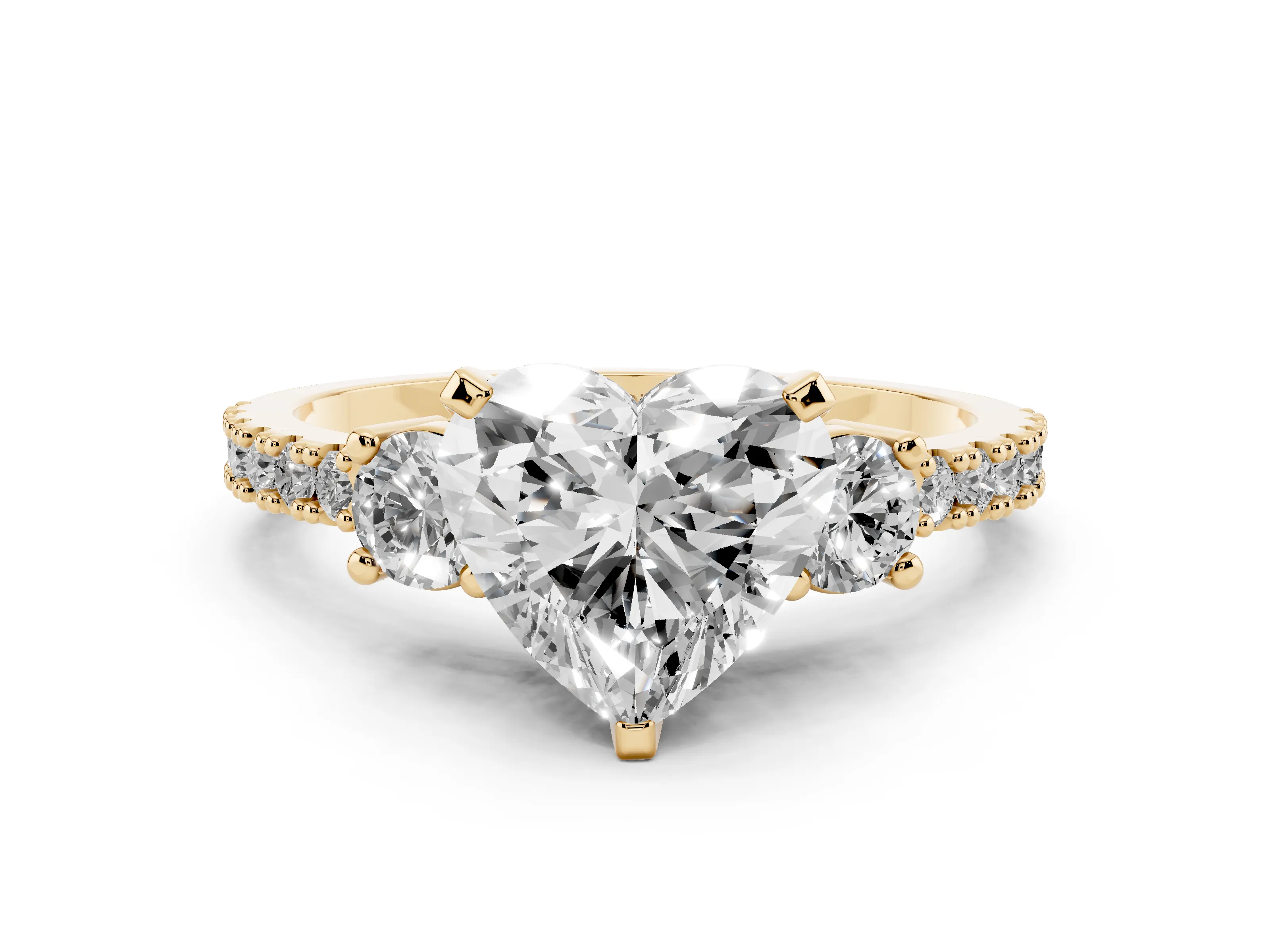 Three-Stone Heart Cut Diamond Pavé Band Ring Set in Yellow gold with Prong Setting