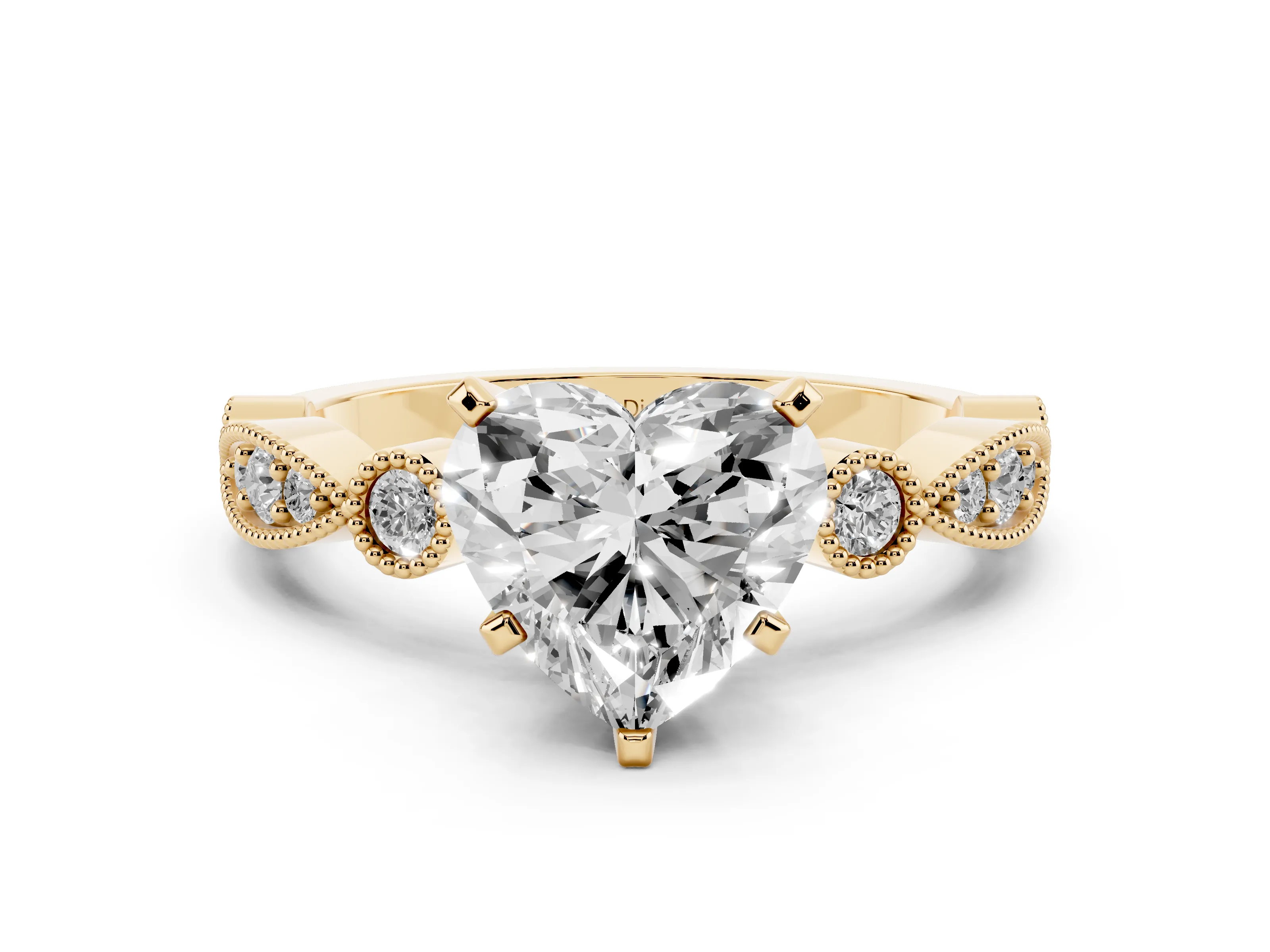 Heart Cut Diamond Solitaire Engagement Ring Set in Yellow gold with Milgrain Bezel Accent Band