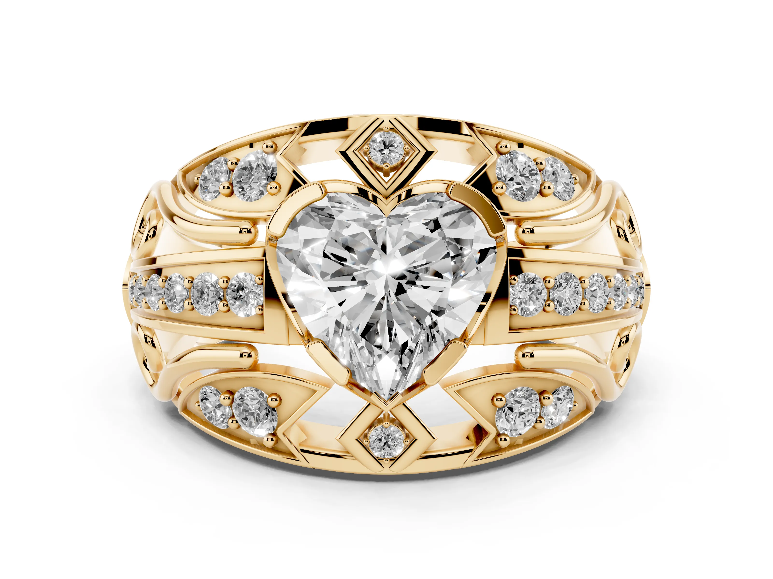 Heart Cut Diamond Art Deco Ring Set in Yellow gold with Pavé Split Shank
