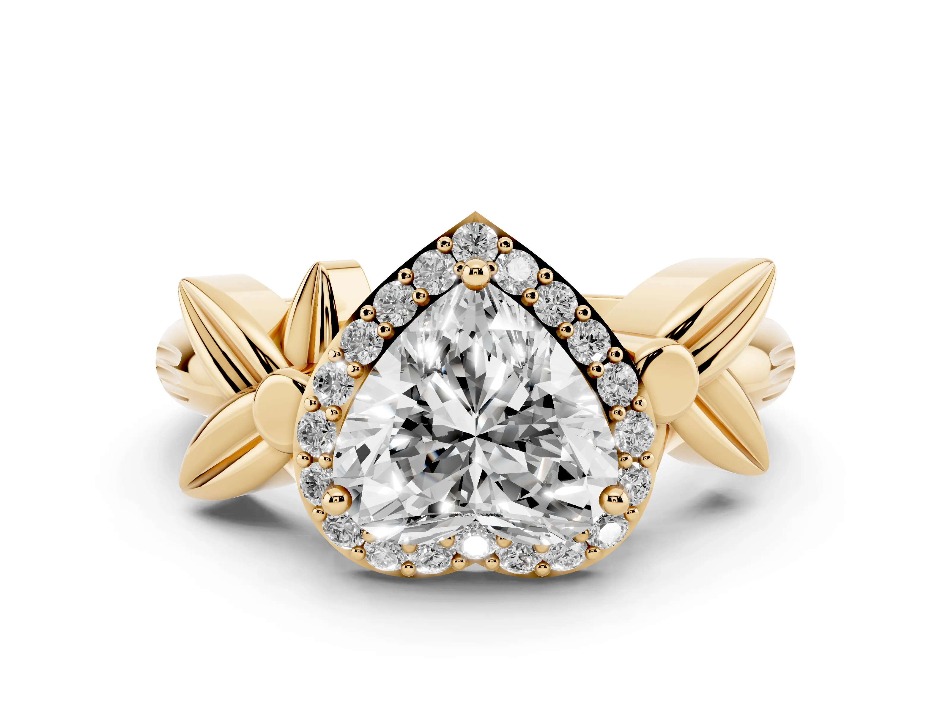 Heart Cut Diamond Halo Floral Band Ring Set in Yellow gold with Prong Setting