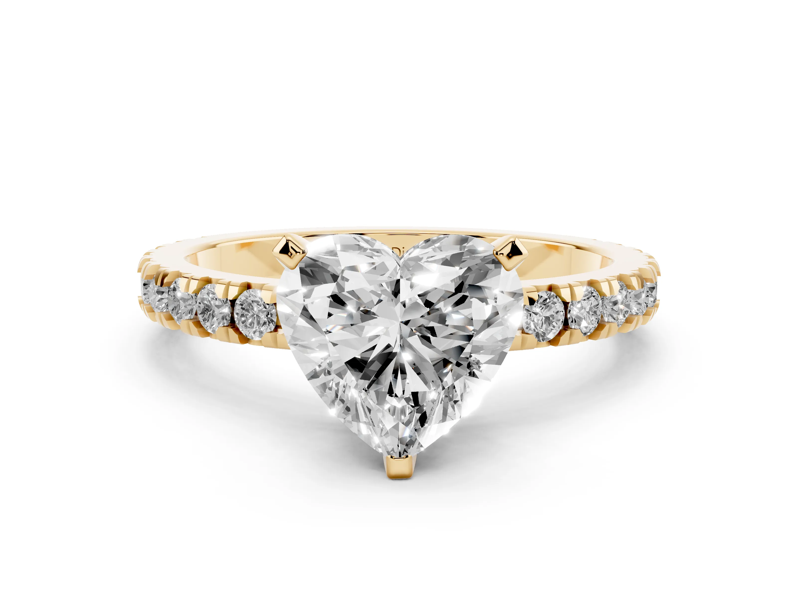Heart Cut Diamond Pavé Band Solitaire Set in Yellow gold with Prong Setting