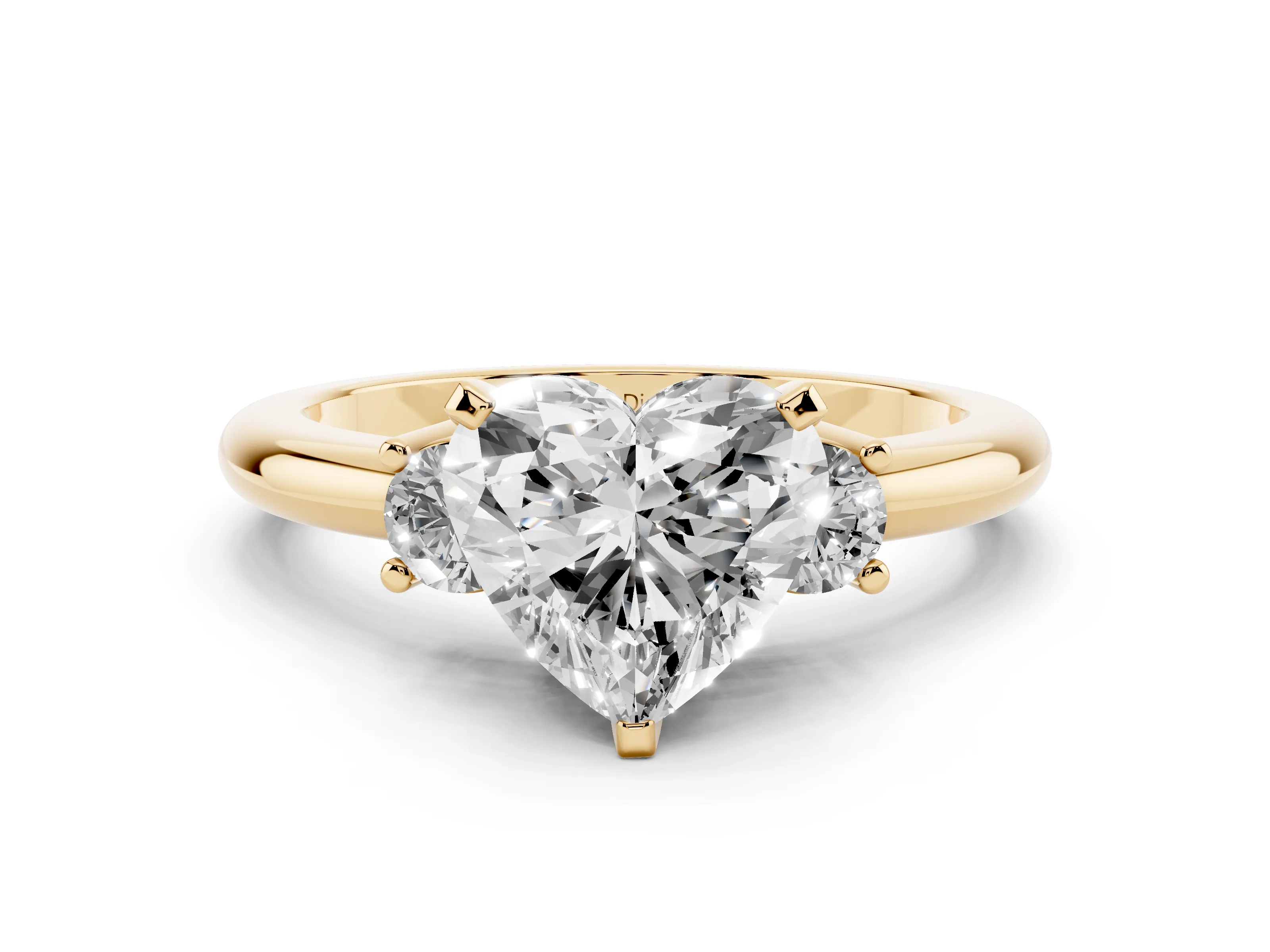 Three-Stone Heart Cut Diamond Ring Set in Yellow gold with Prong Setting and Plain Band