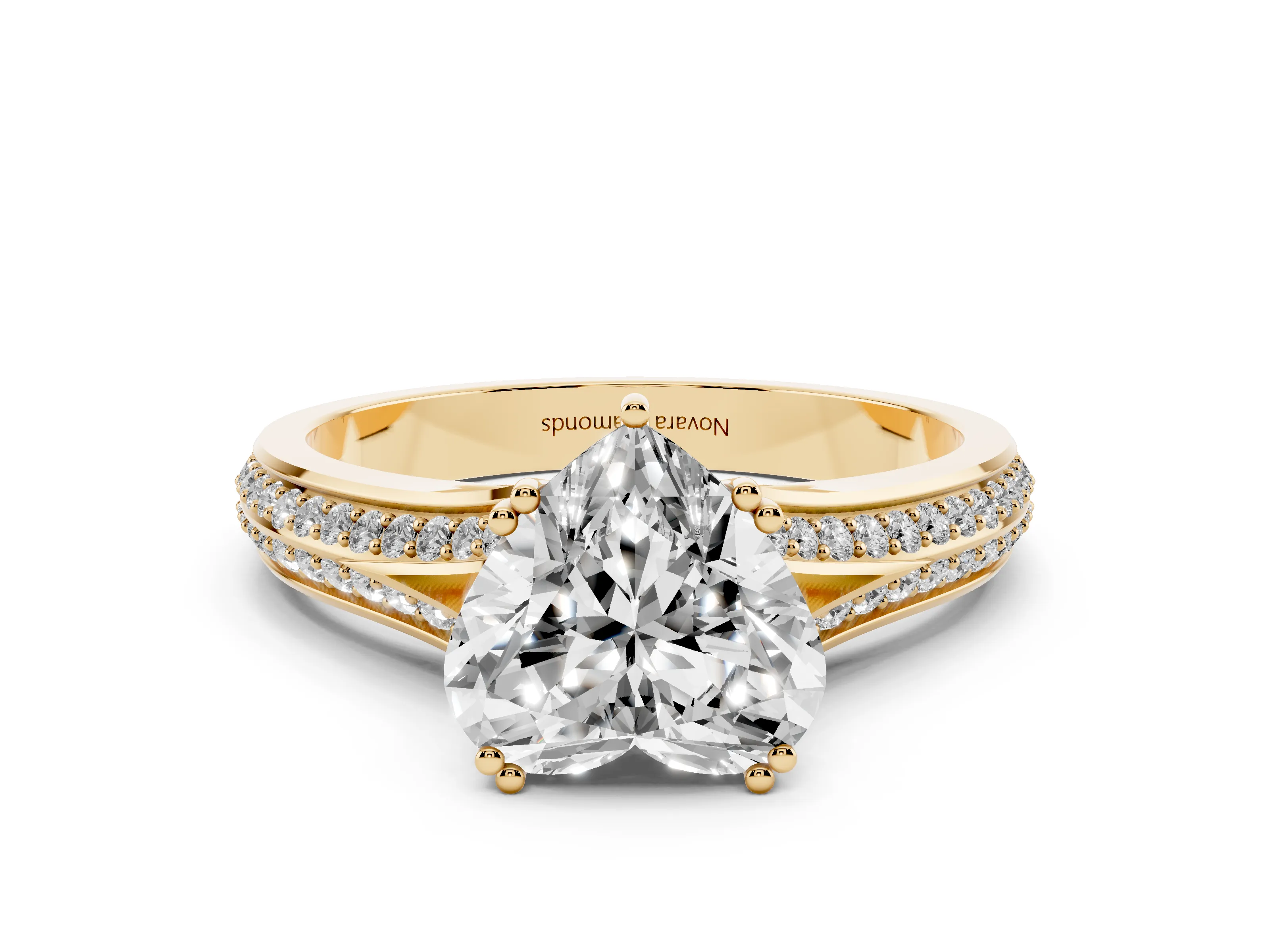 Heart Cut Diamond Split Shank Pavé Engagement Ring Set in Yellow gold with Prong-Set Center Stone