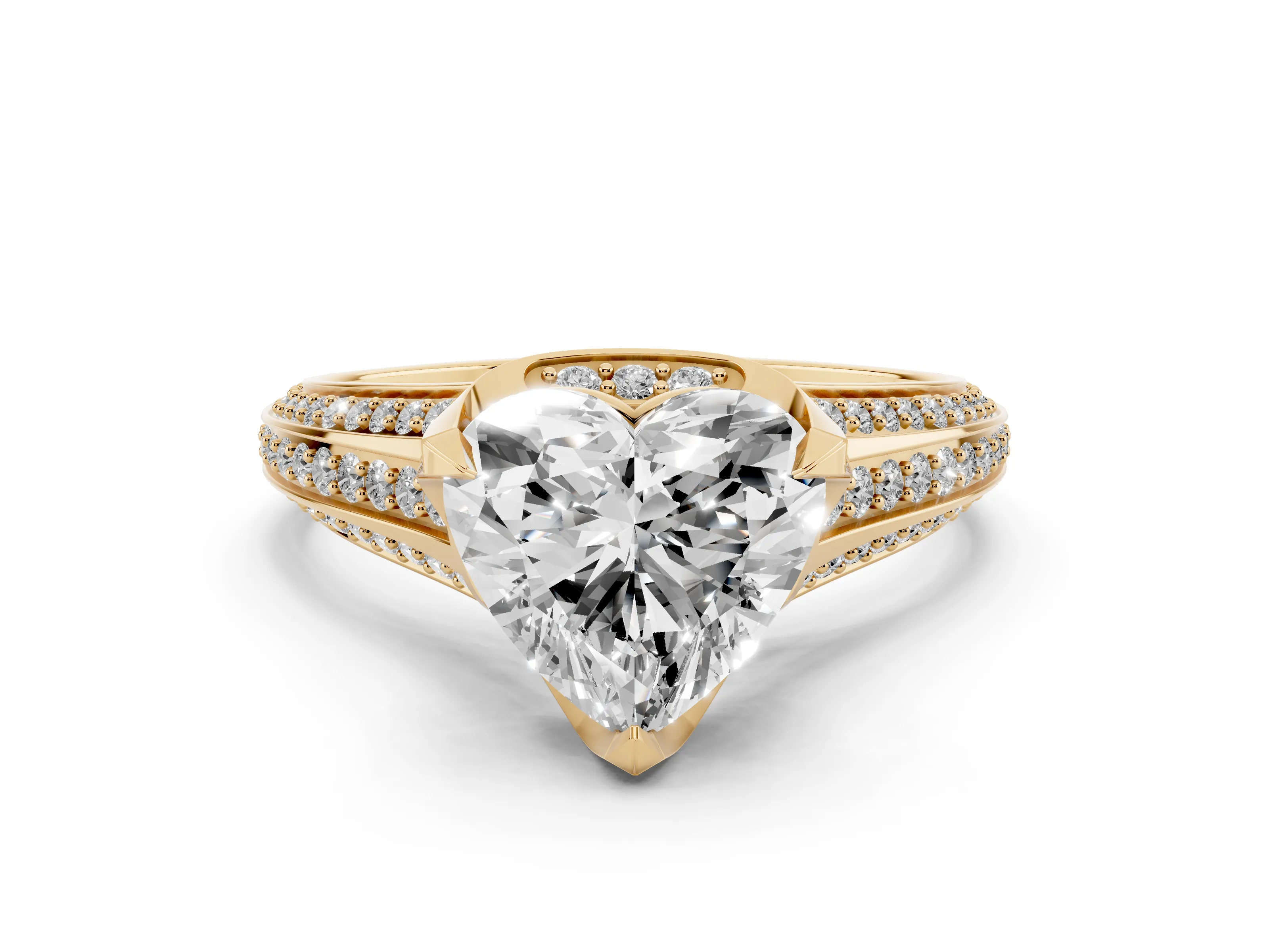 Heart Cut Diamond Pavé Split Shank Solitaire Ring Set in Yellow gold with Prong Setting