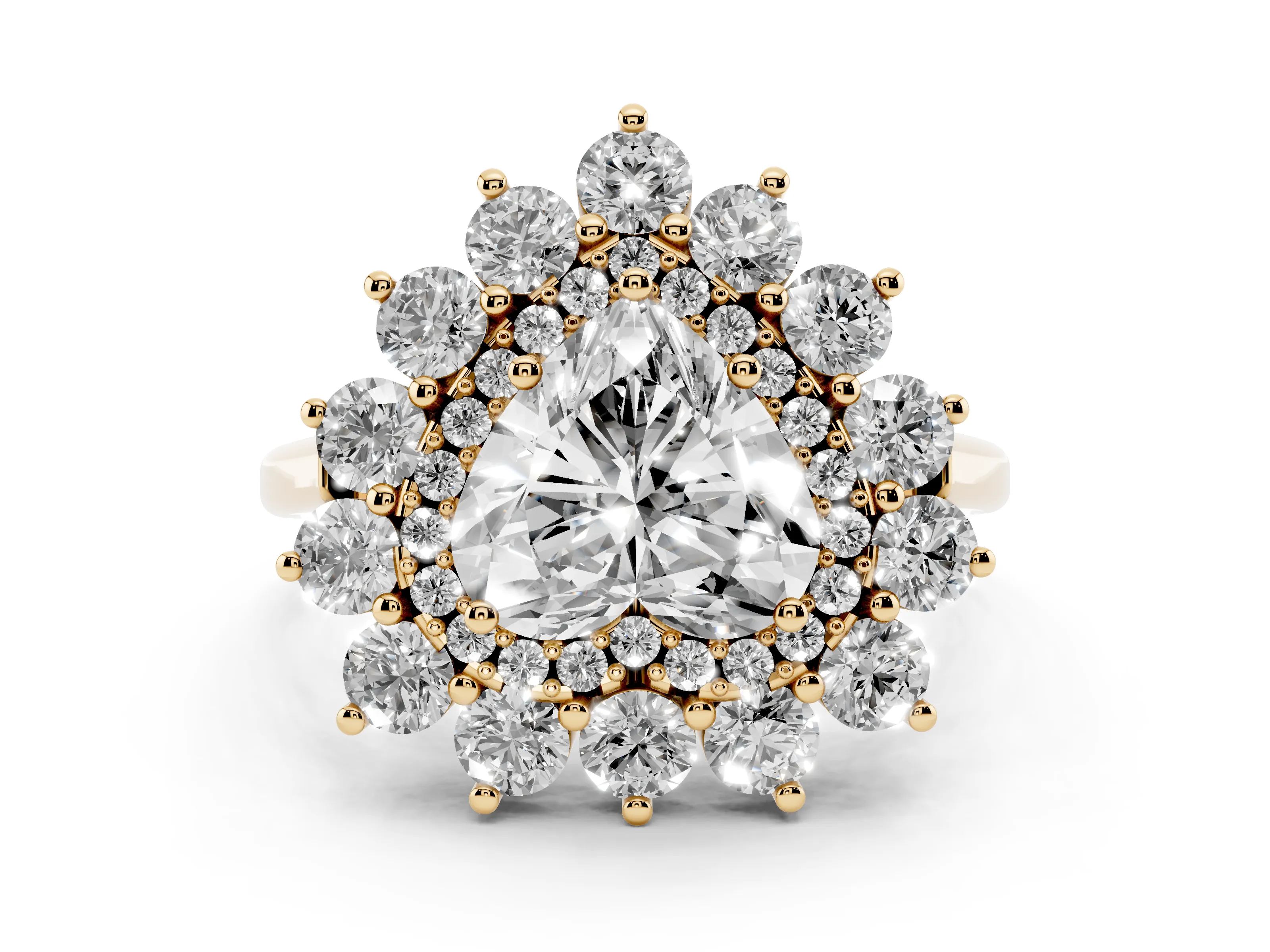 Heart Cut Diamond Floral Double Halo Ring Set in Yellow gold with Round Petals