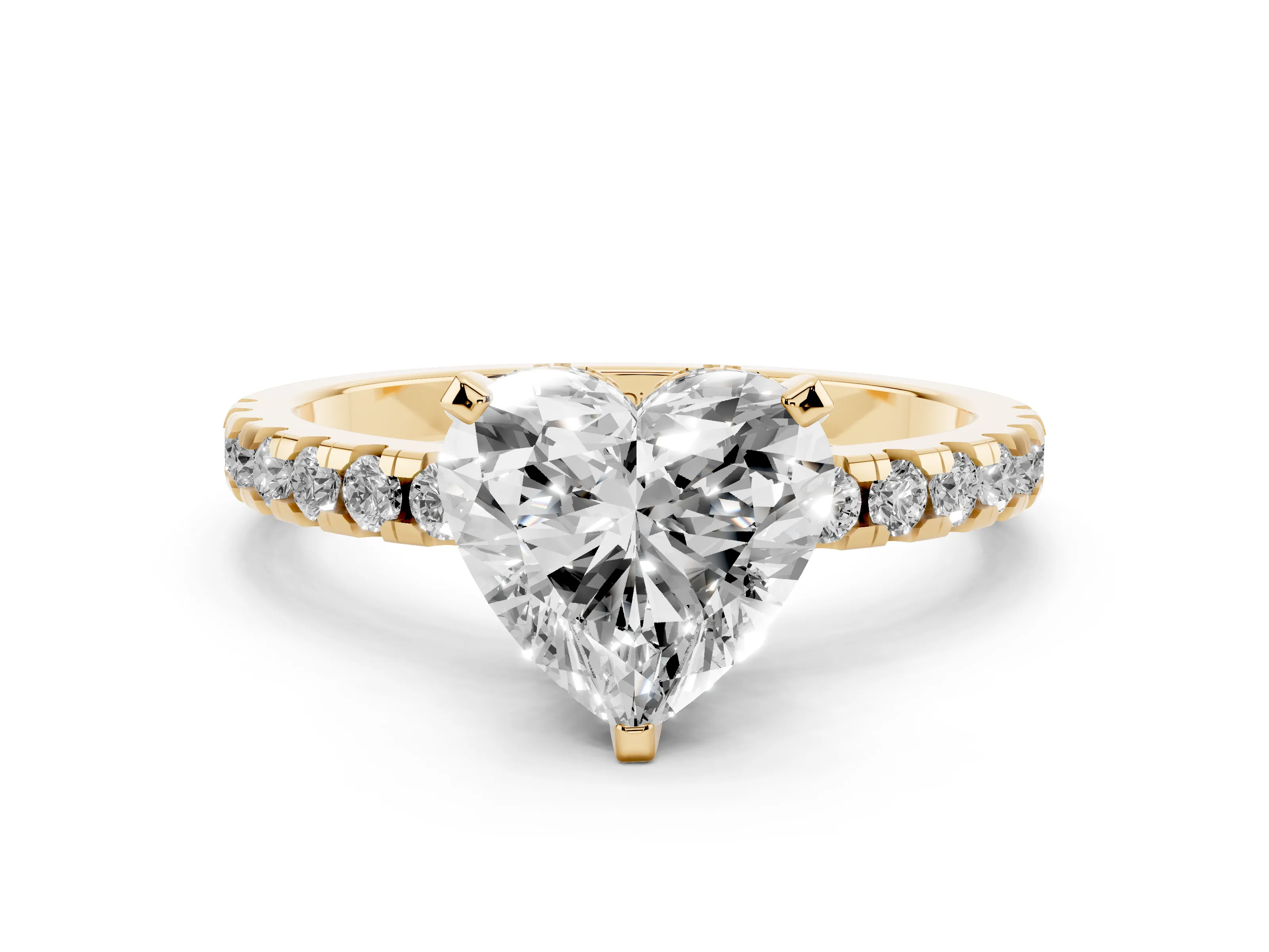 Heart Cut Diamond Pavé Solitaire Ring Set in Yellow gold with Round Band Accents and Prong Setting