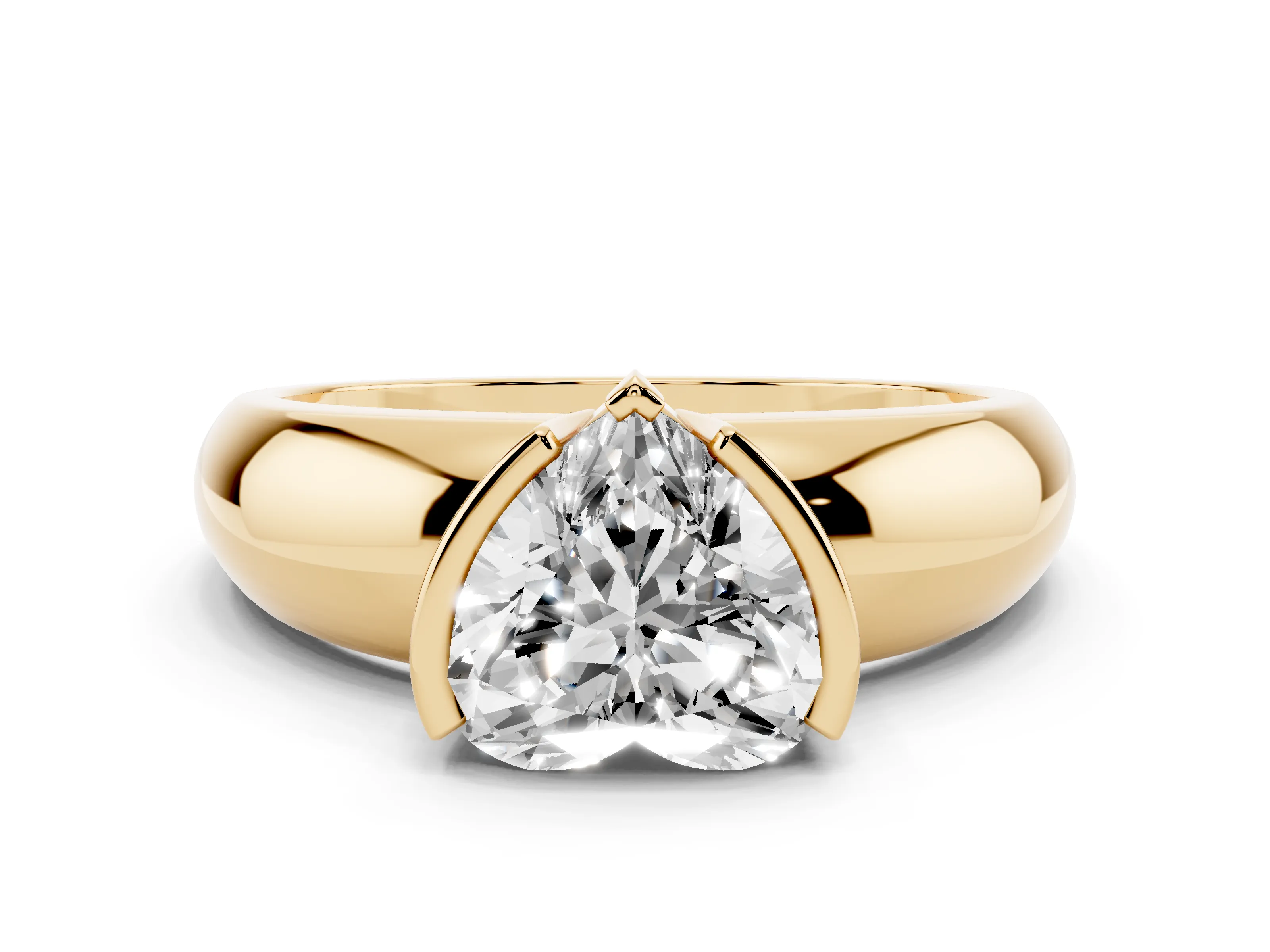 Heart Cut Diamond Solitaire Tension Set Ring Set in Yellow gold with Wide Band