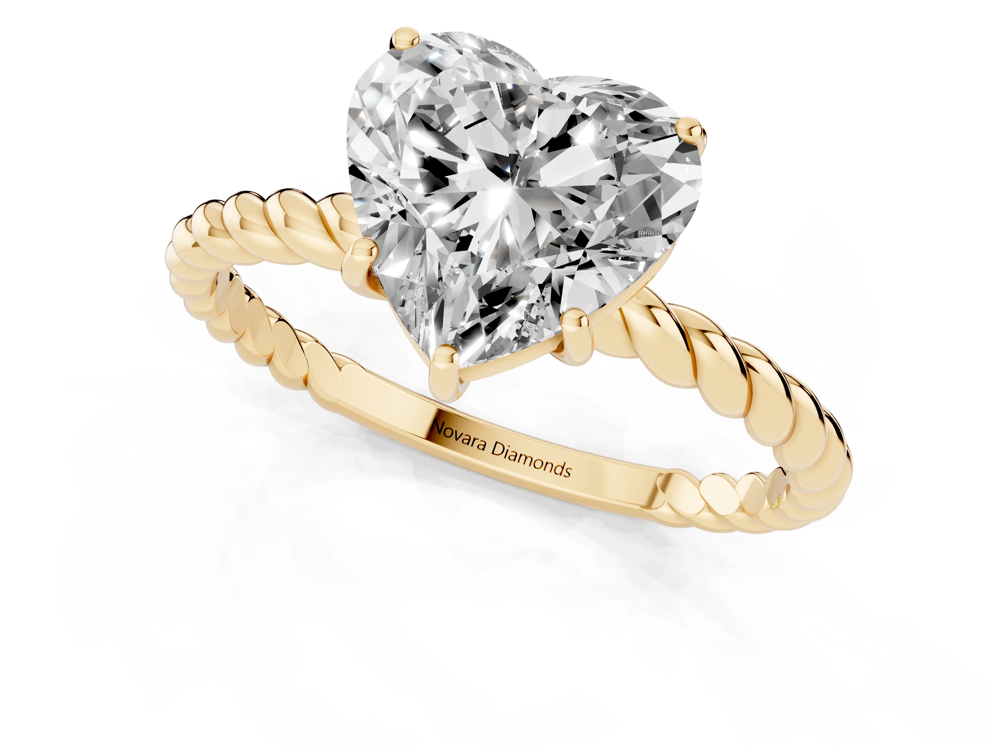 Heart Cut Diamond Solitaire Ring Set in Yellow gold with Twist Band and Prong Setting