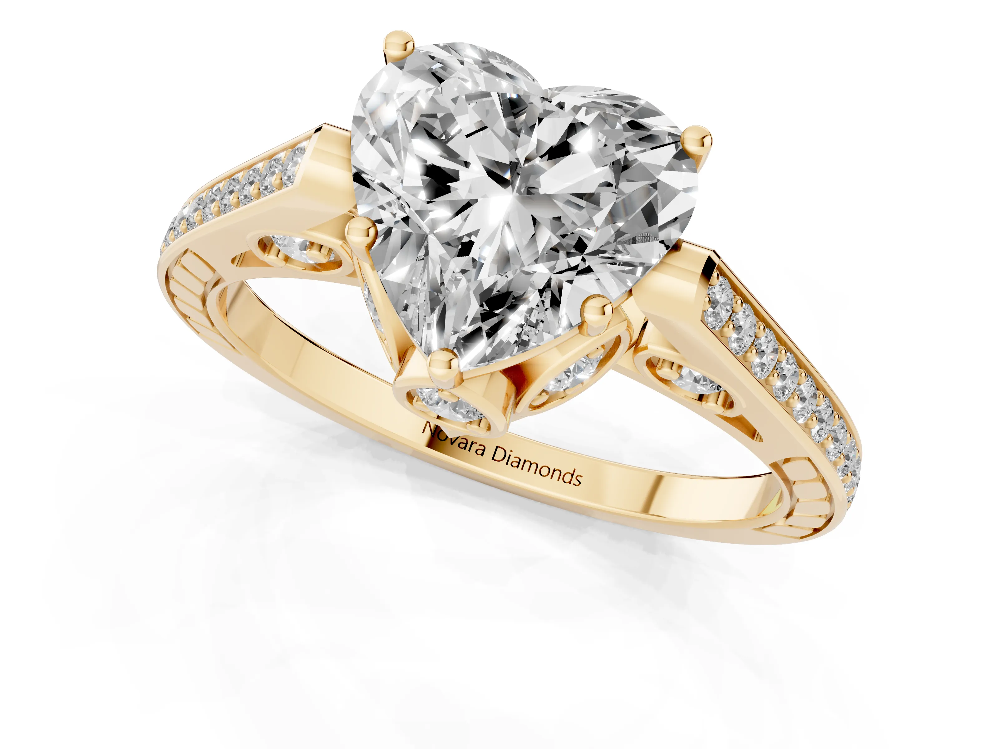 Heart Cut Diamond Cathedral Pavé Engagement Ring Set in Yellow gold with Prong Setting