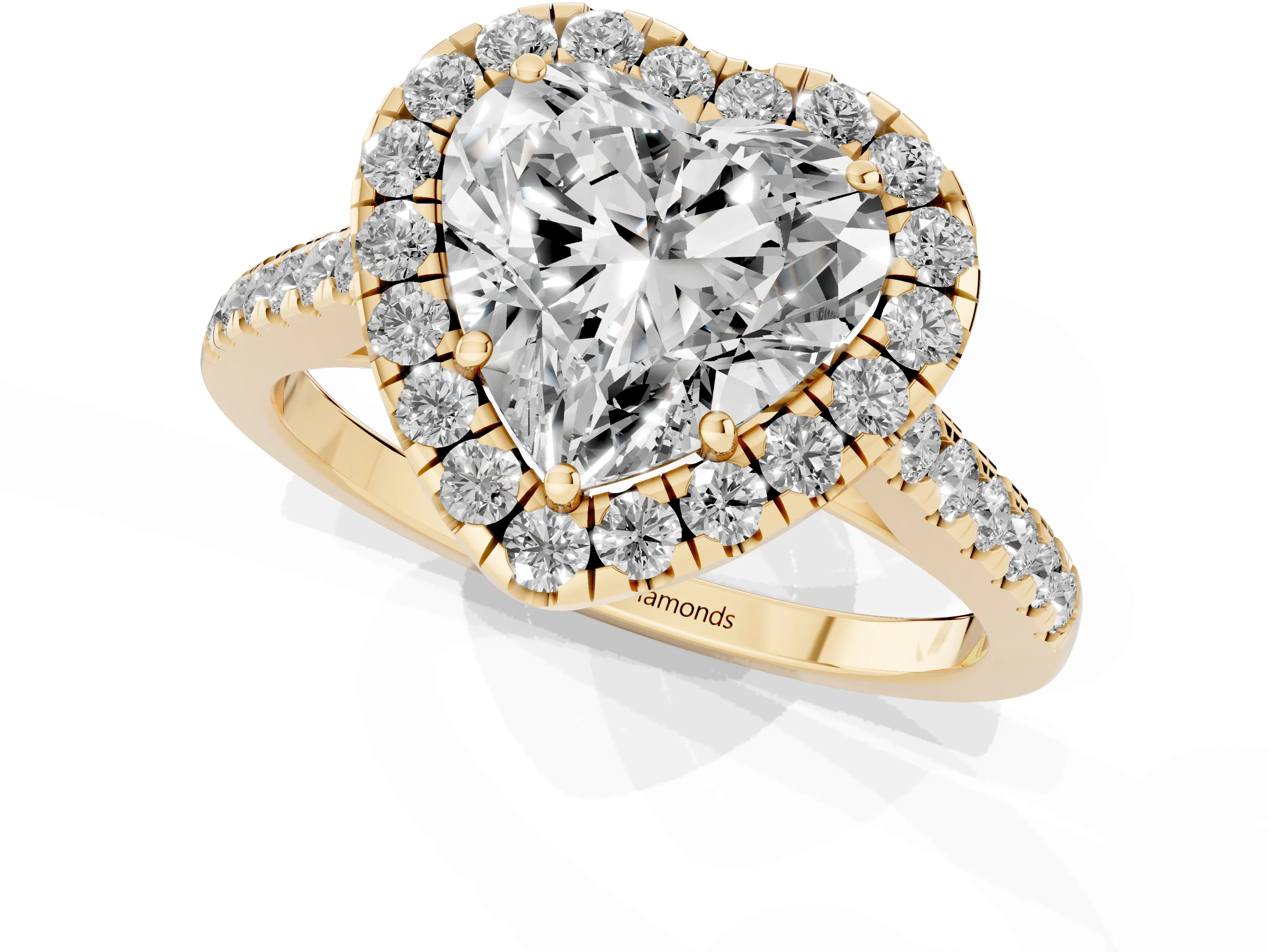 Heart Cut Diamond Halo Pavé Engagement Ring Set in Yellow gold with Prong Setting