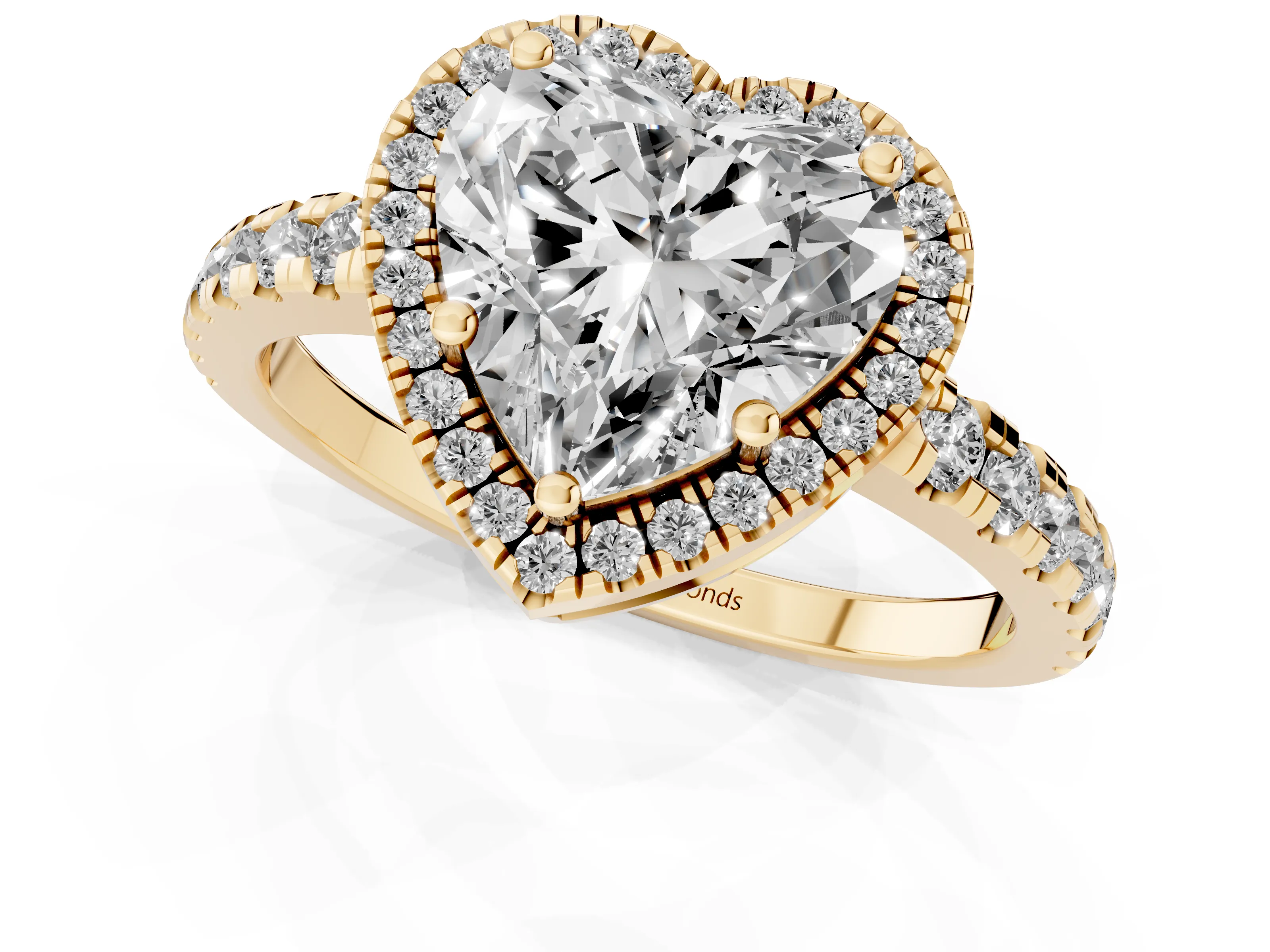 Heart Cut Diamond Halo Ring Set in Yellow gold with Delicate Pavé Band and Prong Setting