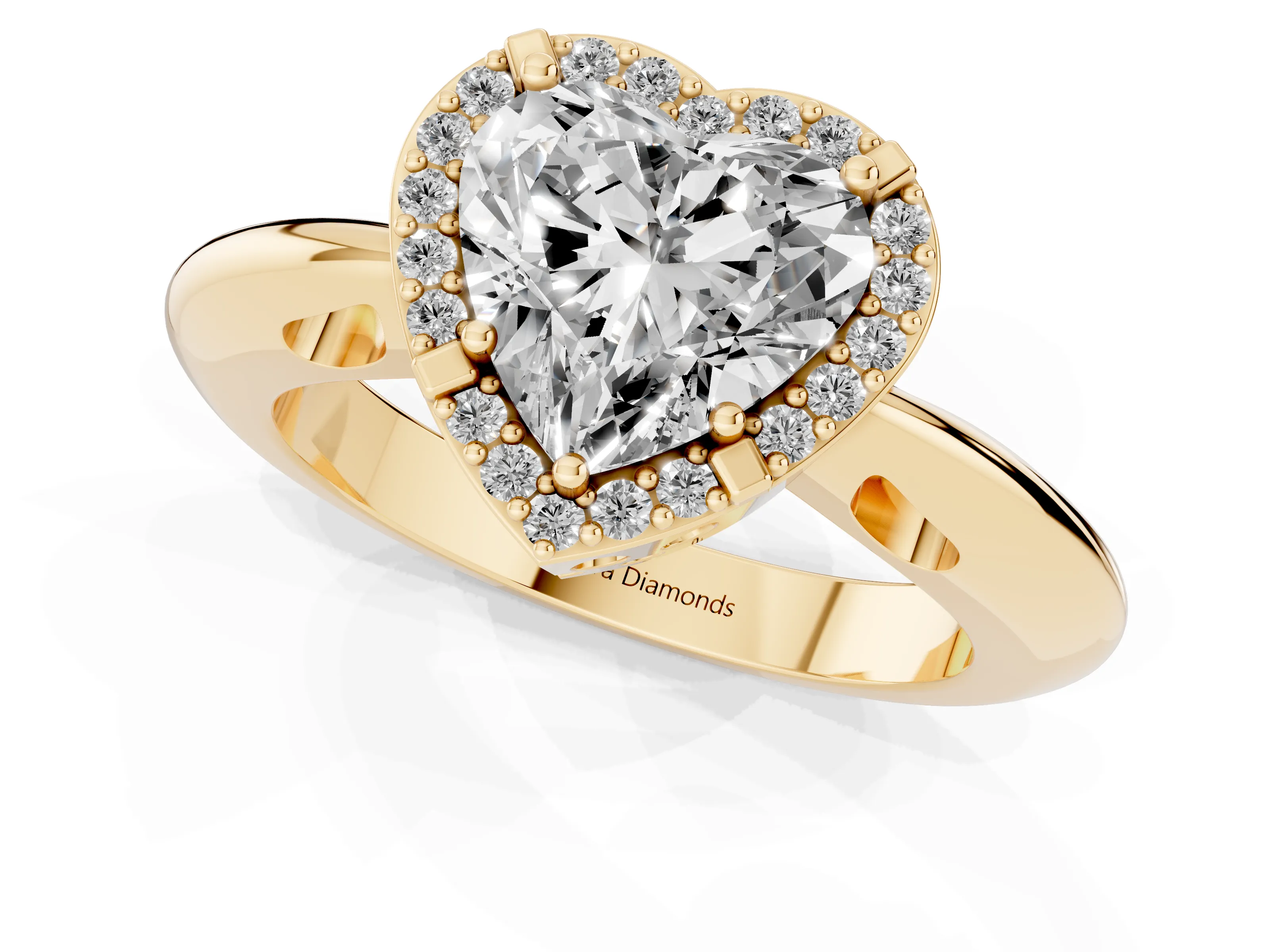 Heart Cut Diamond Halo Engagement Ring Set in Yellow gold with Plain Split Shank and Prong Setting