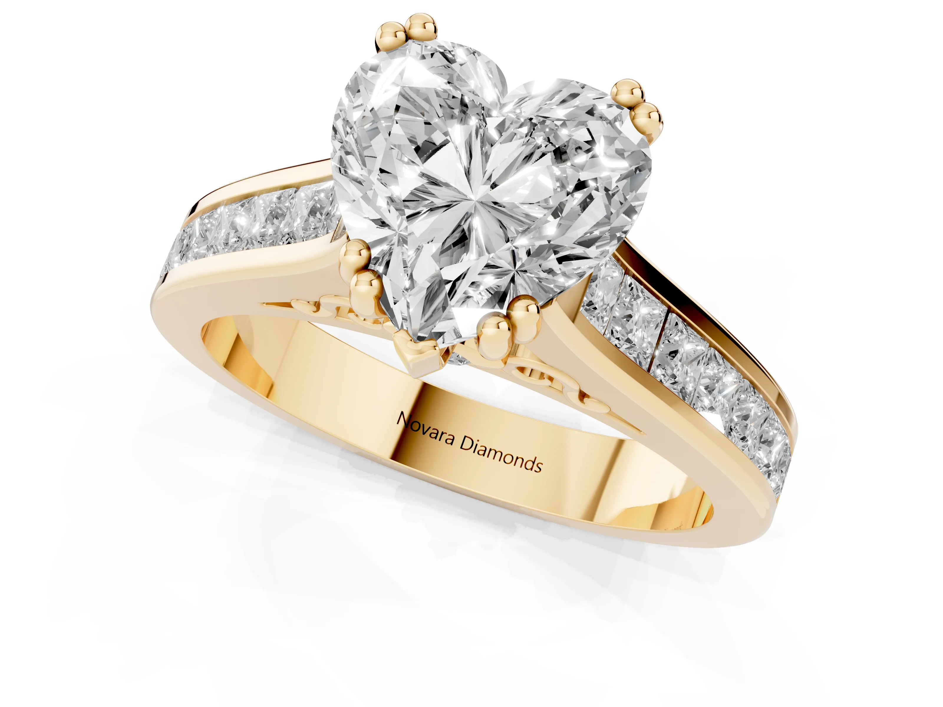 Heart Cut Diamond Channel Set Solitaire Engagement Ring Set in Yellow gold with Prong Setting