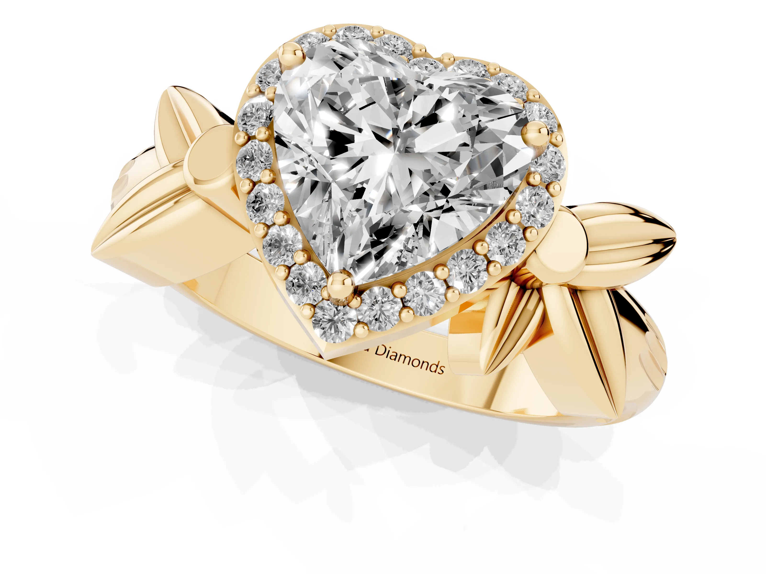 Heart Cut Diamond Halo Floral Band Ring Set in Yellow gold with Prong Setting