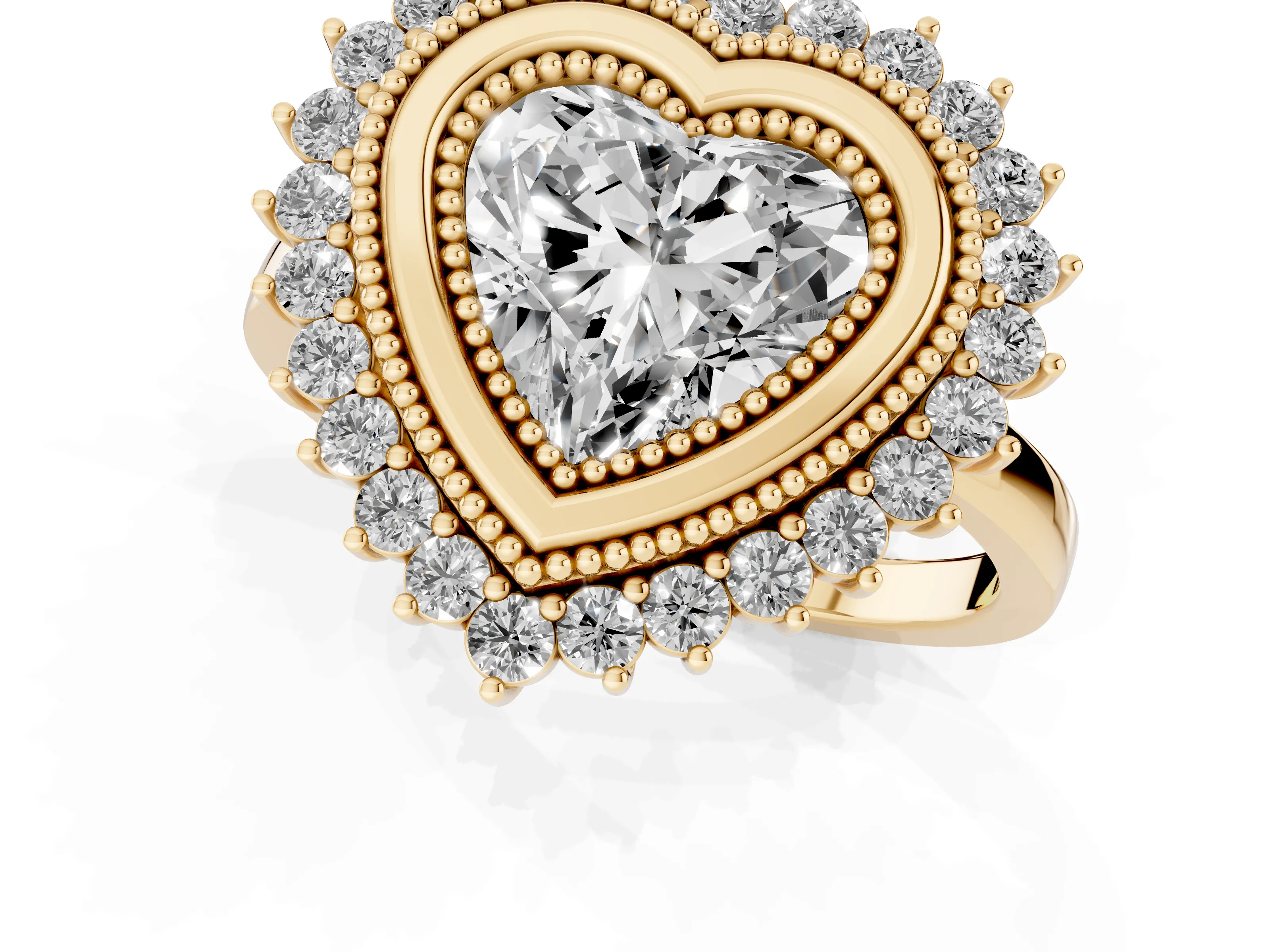 Heart Cut Diamond Halo Ring Set in Yellow gold with Milgrain Edge and Round Prong Setting