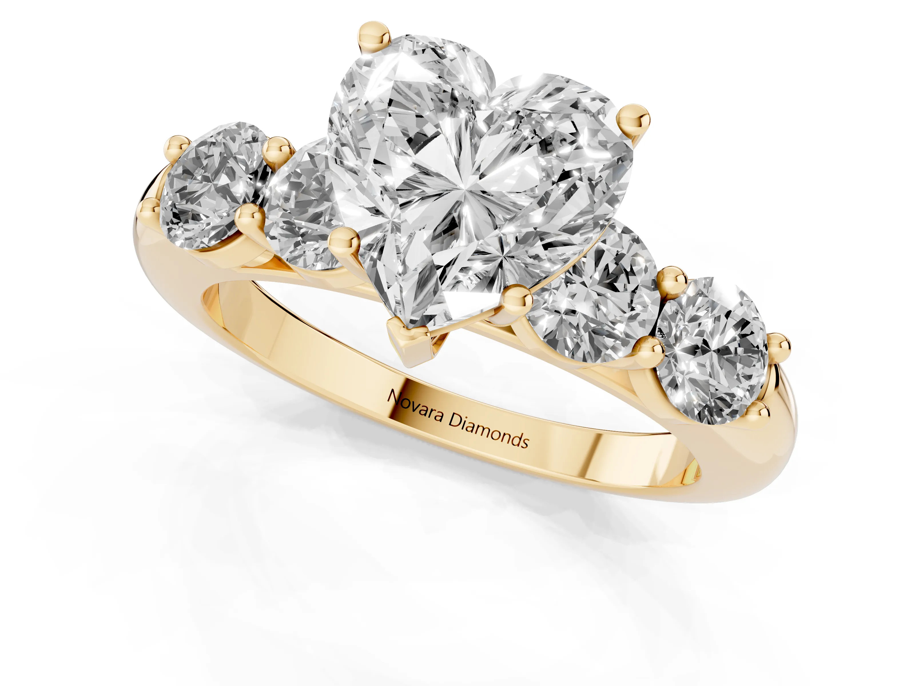 Heart Cut Diamond Five-Stone Prong Set Ring Set in Yellow gold with Classic Band