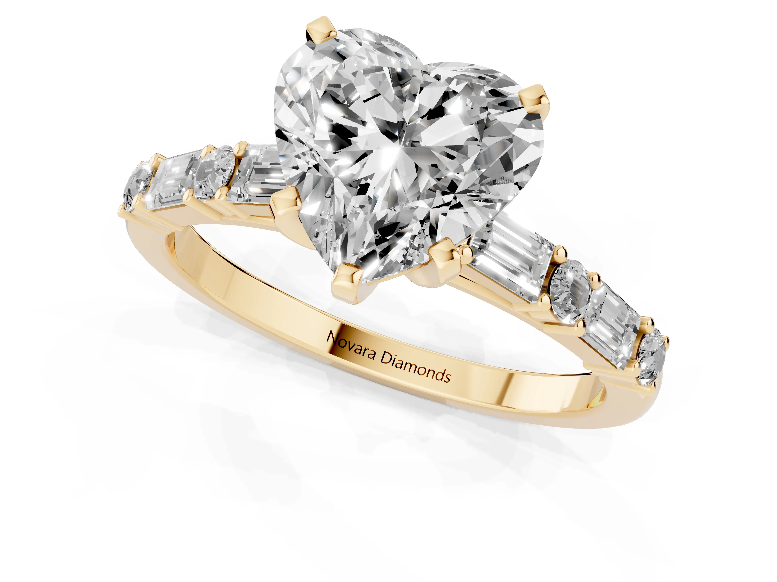 Heart Cut Diamond Solitaire Set in Yellow gold with Side Baguettes and Channel Set Band