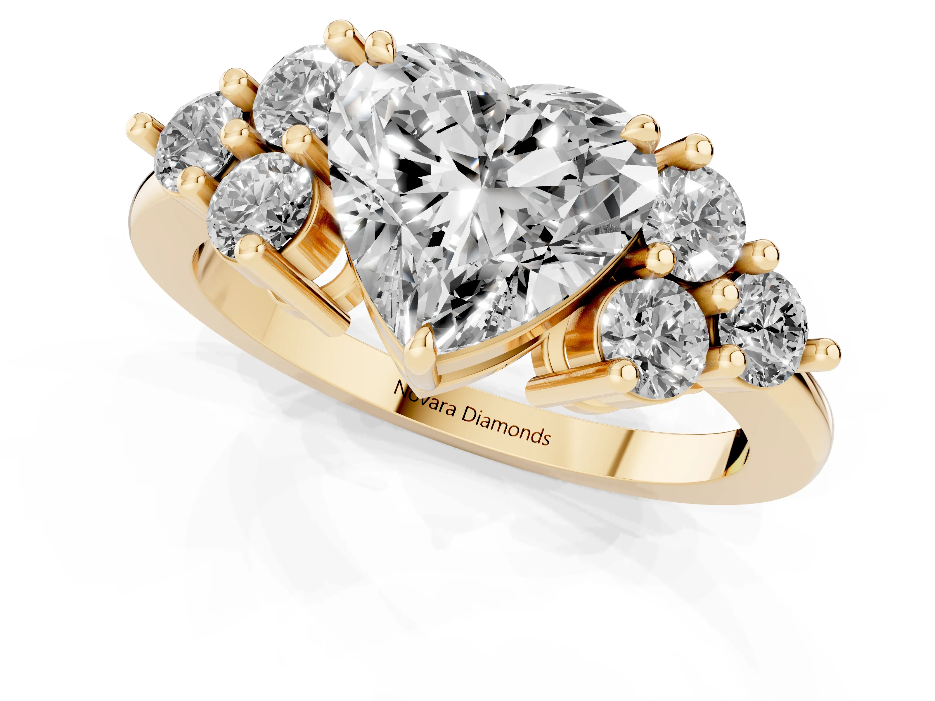 Heart Cut Diamond Solitaire Ring Set in Yellow gold with Cluster Accents on Each Side